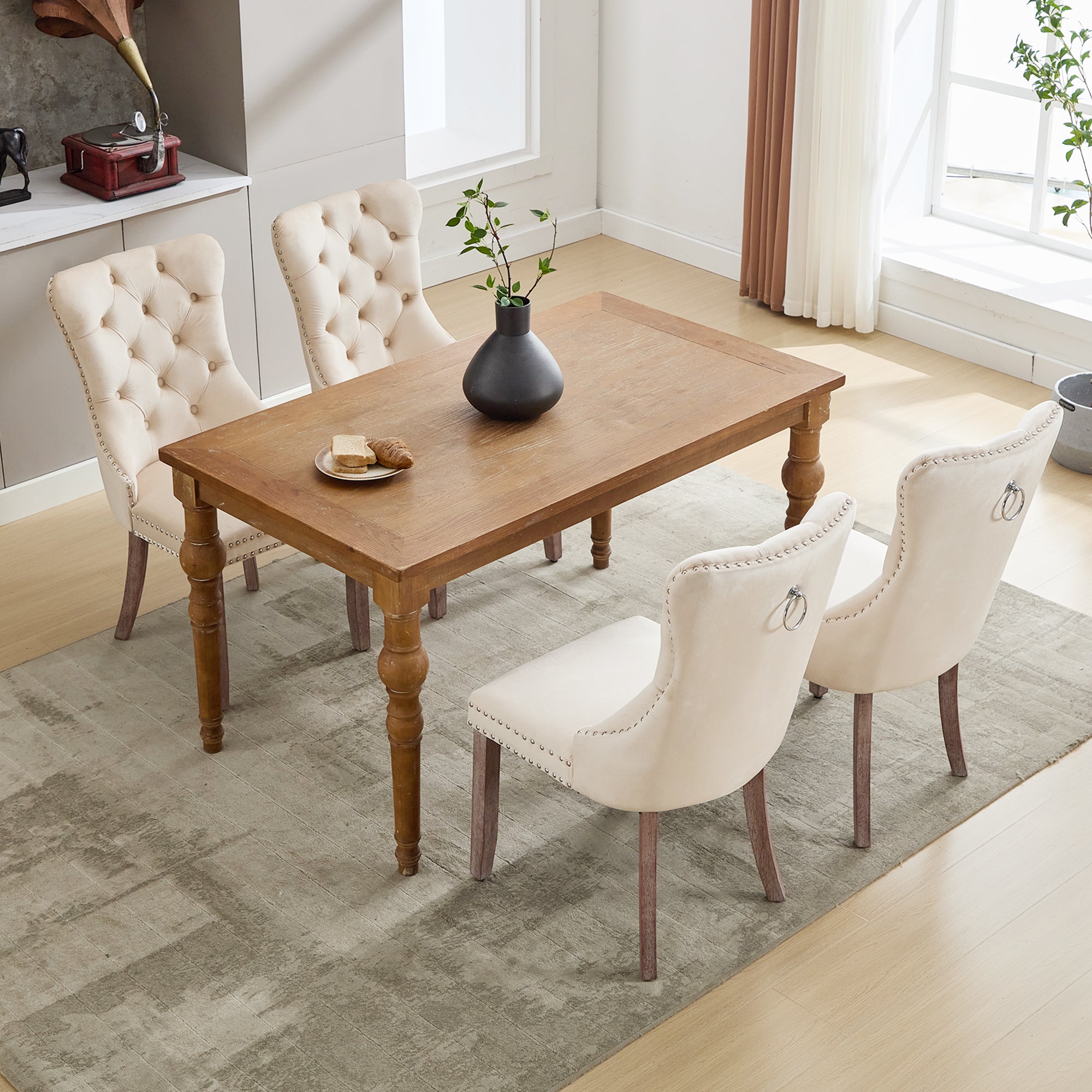 Modern Set of 4 Upholstered Dining Chairs with Button Tufted Velvet, Brushed Wood Legs, Riveted Trim, and Knocker Ring, Beige