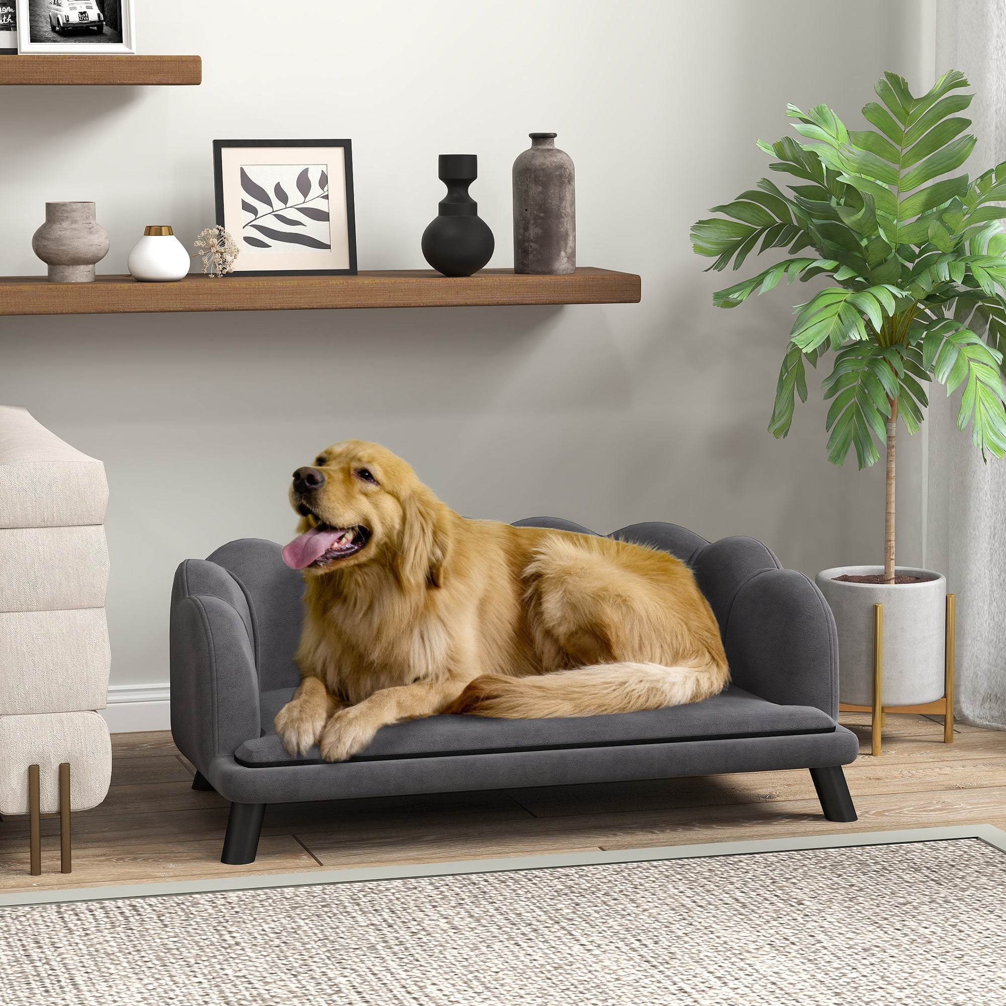 Luxury Dog Sofa, Backrest, Wooden Legs, Dark Grey