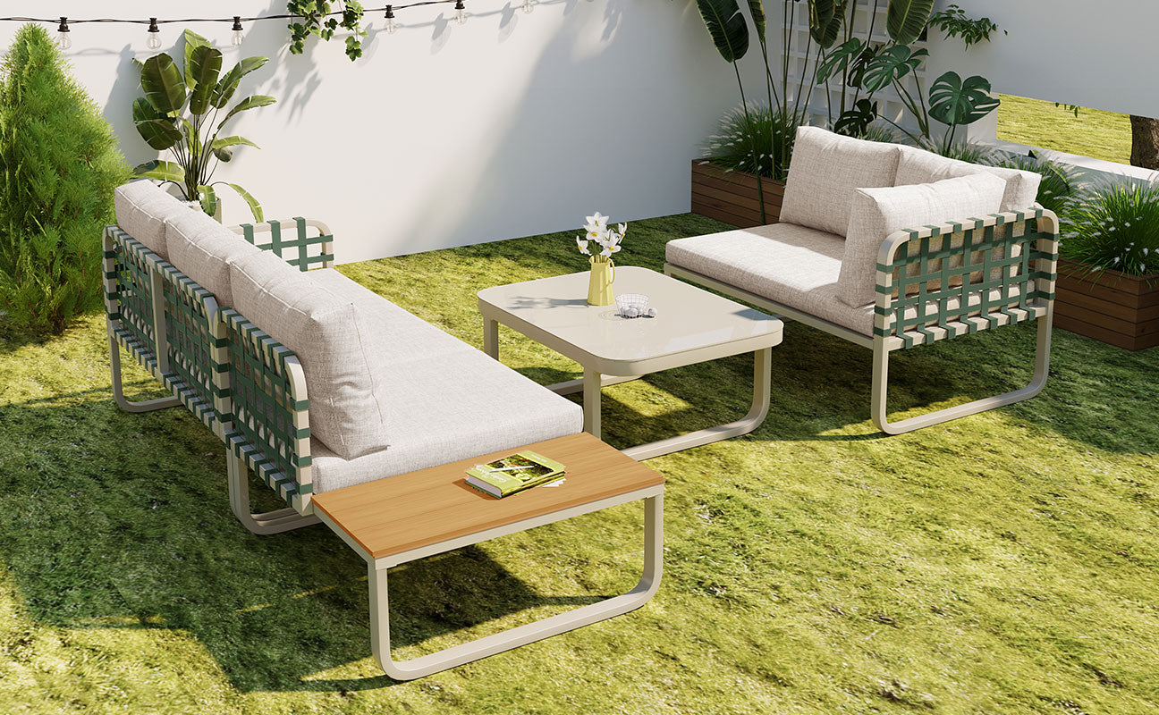 Garden Lounge Set 4-5 Seater Rattan Outdoor Sofa with Cushions - Apricot