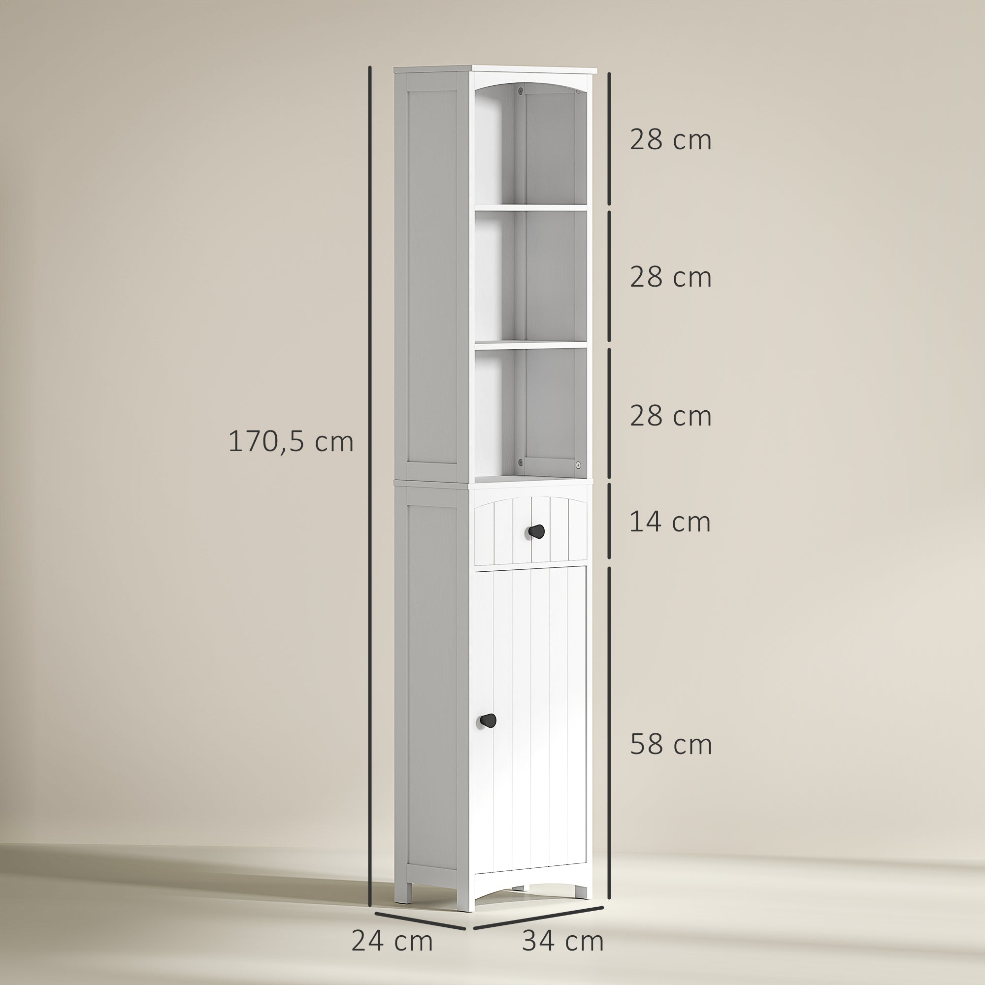 Badezimmerschrank, hoch mit 3 Ablagen, 1 Schublade, weiß