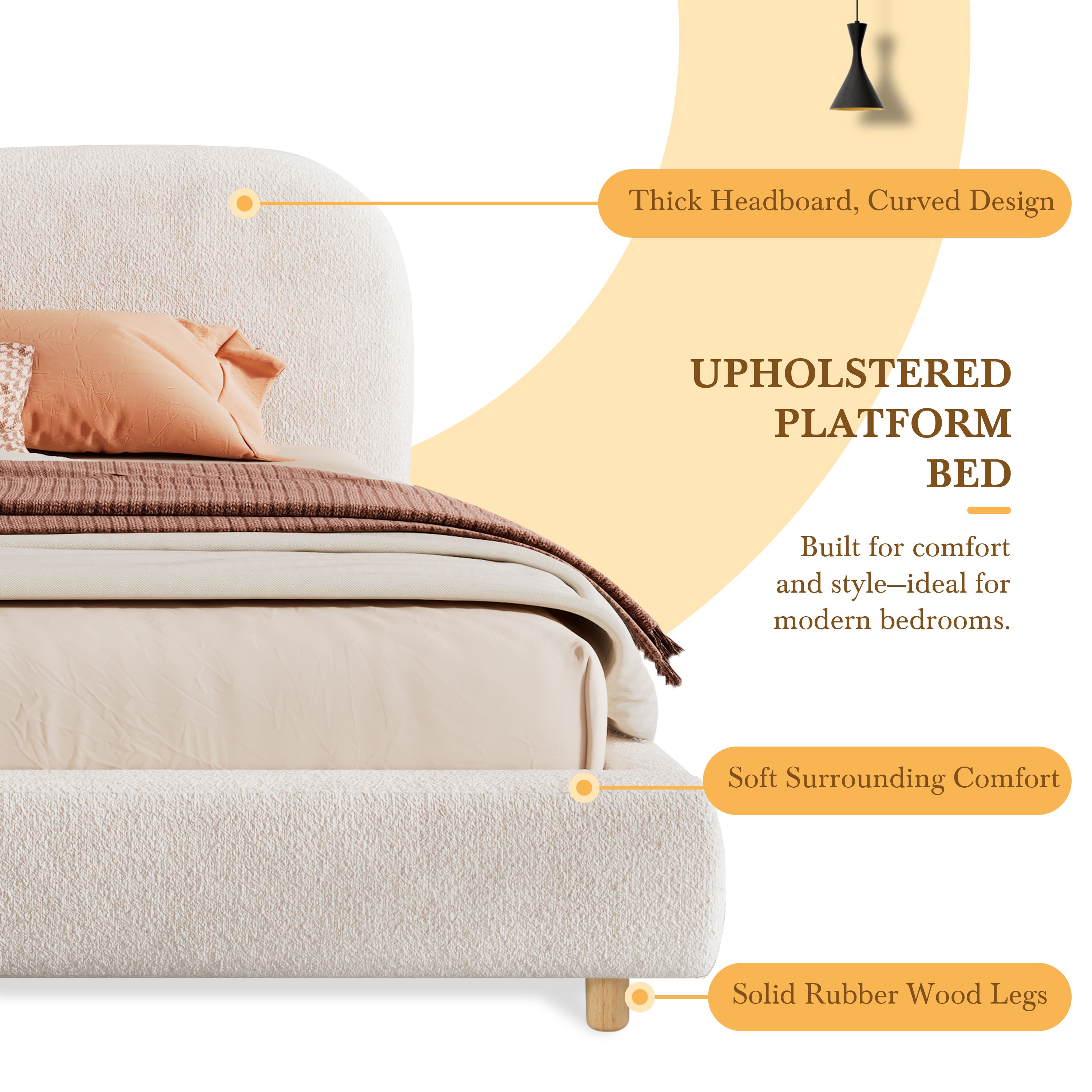 Ottoman Storage Bed Frame, Double Upholstered with Round Silhouette Arched Headboard, Warm White Boucle Fabric