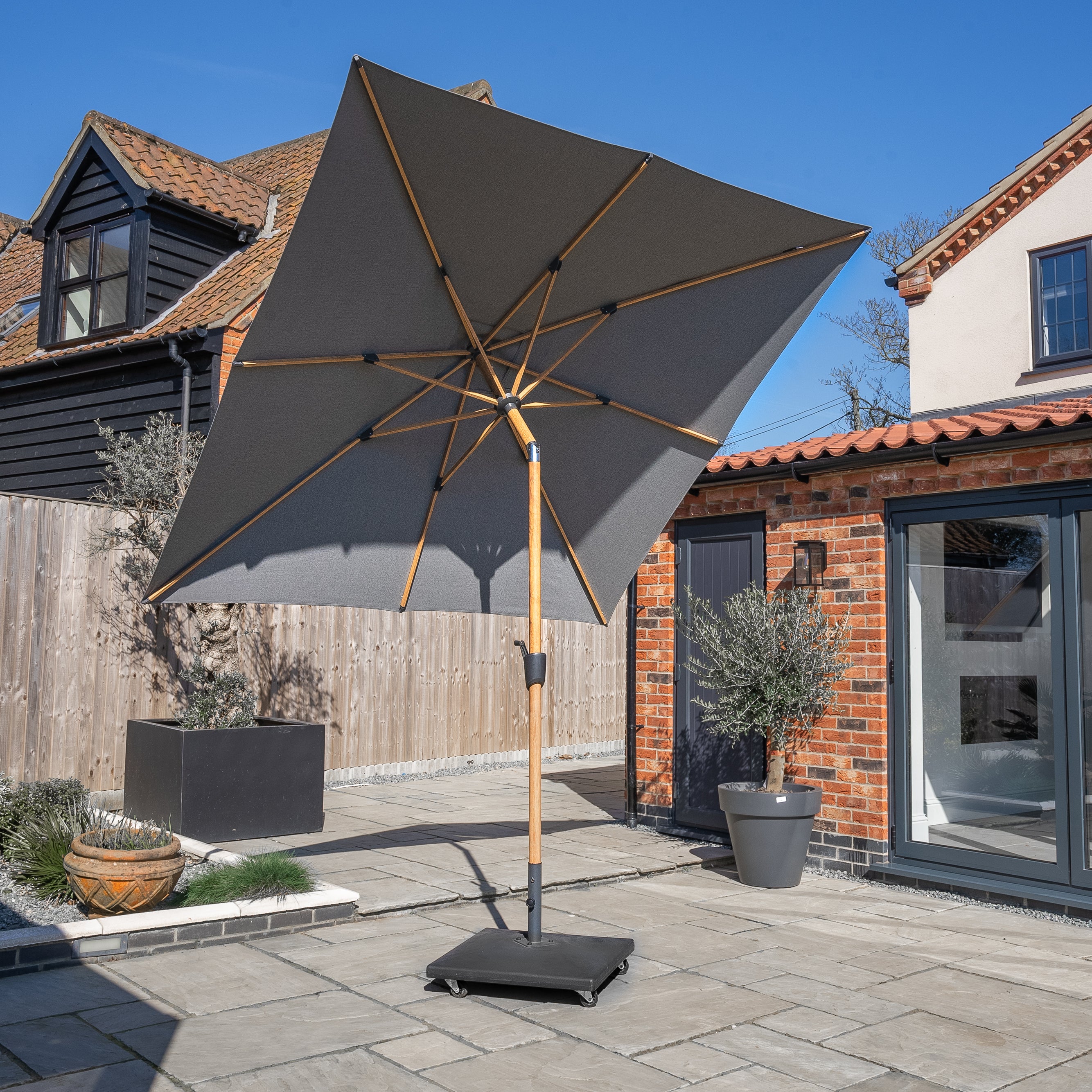 Royce - Premium 2.5m Square LED Parasol with Novasun™ Smoke Grey Canopy & Cover (Wood Look Frame)