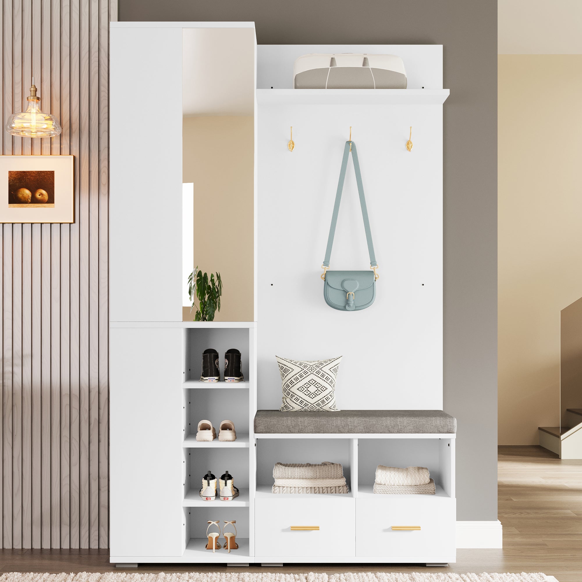 Wardrobe Set Hallway Cabinet Mirror Shoe Bench Clothes Rail 2 Drawers White