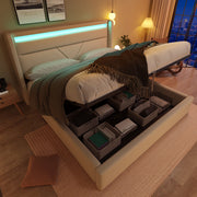 Hydraulic Storage Bed, 160x200cm Upholstered with LED Strip, White