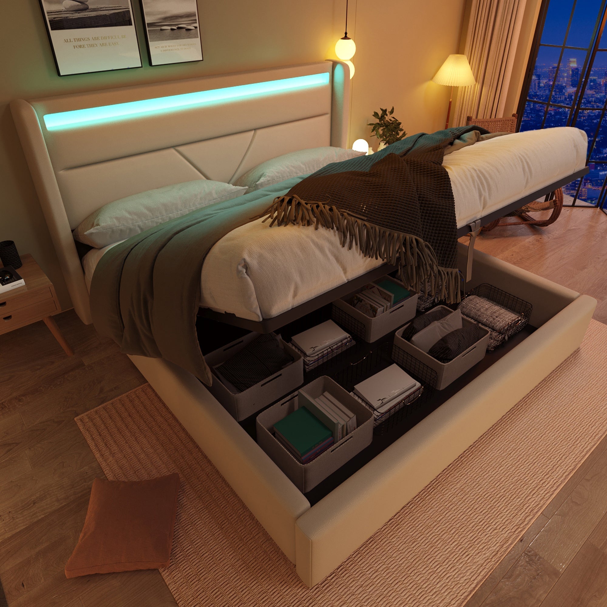 Hydraulic Storage Bed, LED Lighting, 140x200cm, White