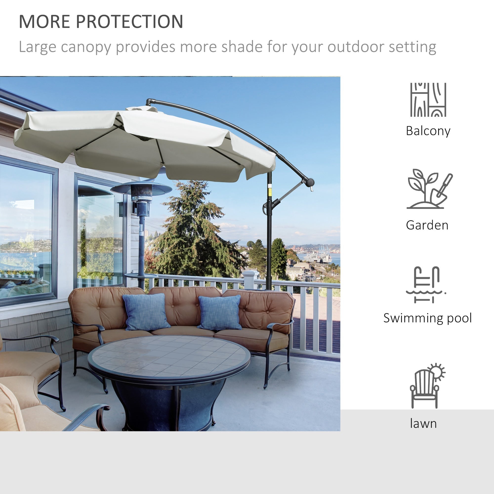 Banana Parasol Cantilever Umbrella 2.7m Crank Handle Cross Base, Cream White