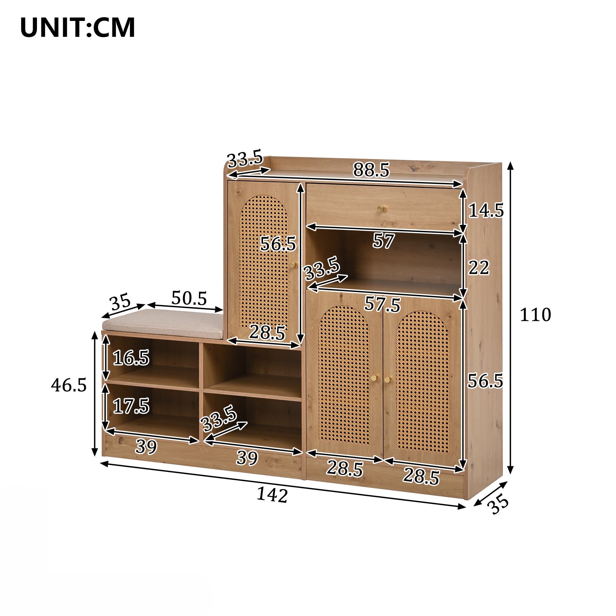 Shoe Cabinet with Upholstered Bench, 3 Rattan Doors and 1 Drawer, Wood Look