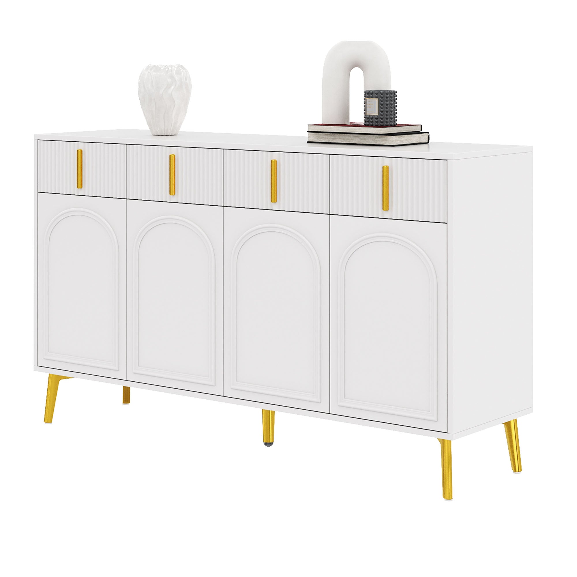 Sideboard, 4 Doors 4 Drawers, Gold Handles Legs, White MDF