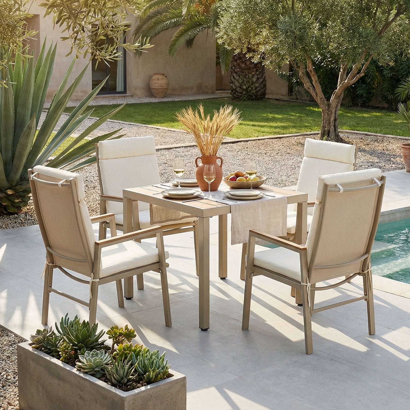 Garden Dining Set, 5 Pieces for 4 People with 1 Table and 4 Chairs, Khaki and Beige Plastic Wood