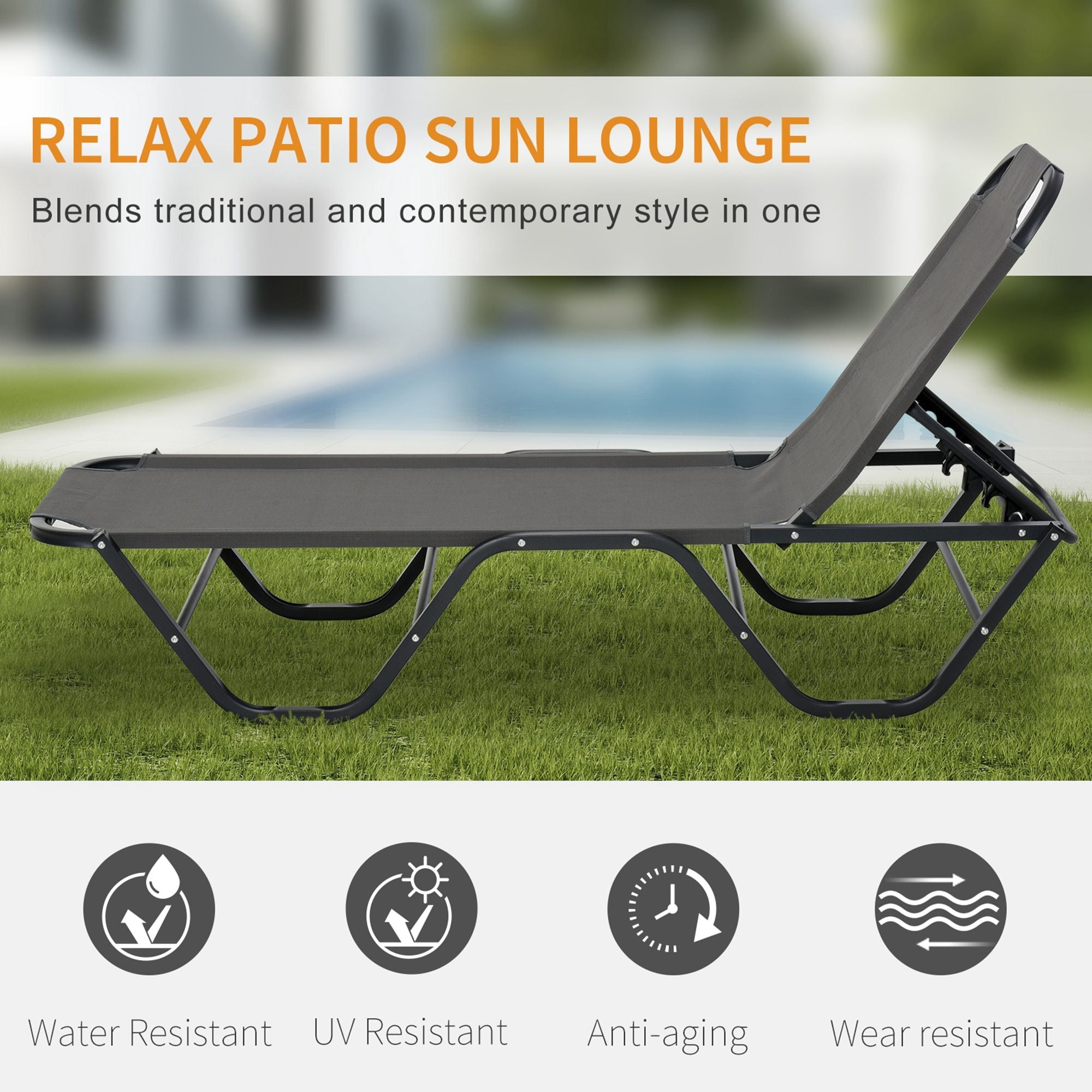 Sun Lounger Relaxed Recliner 5-Position Adjustable Backrest Aluminium Frame, Grey