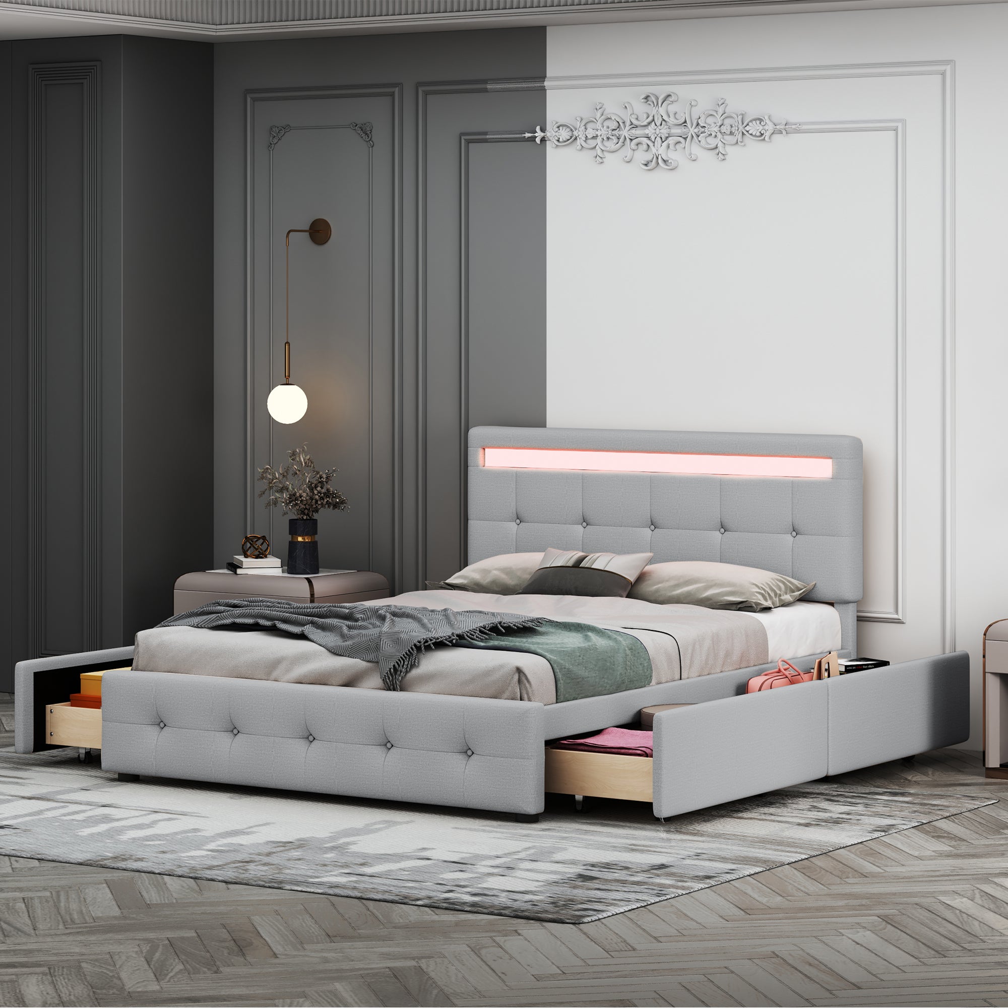 Upholstered Bed, 140x200cm, LED, 4 Drawers, Linen, Grey