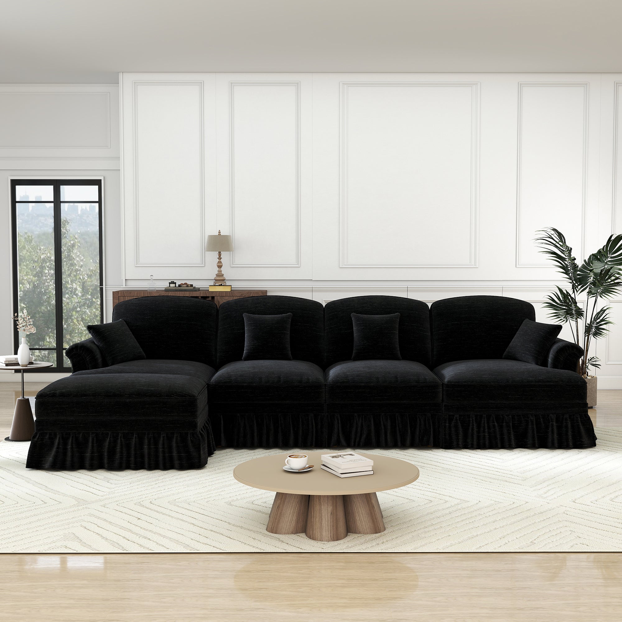Classic L-Shaped Modular Sofa 4-Seater Movable Ottoman - Chenille Black