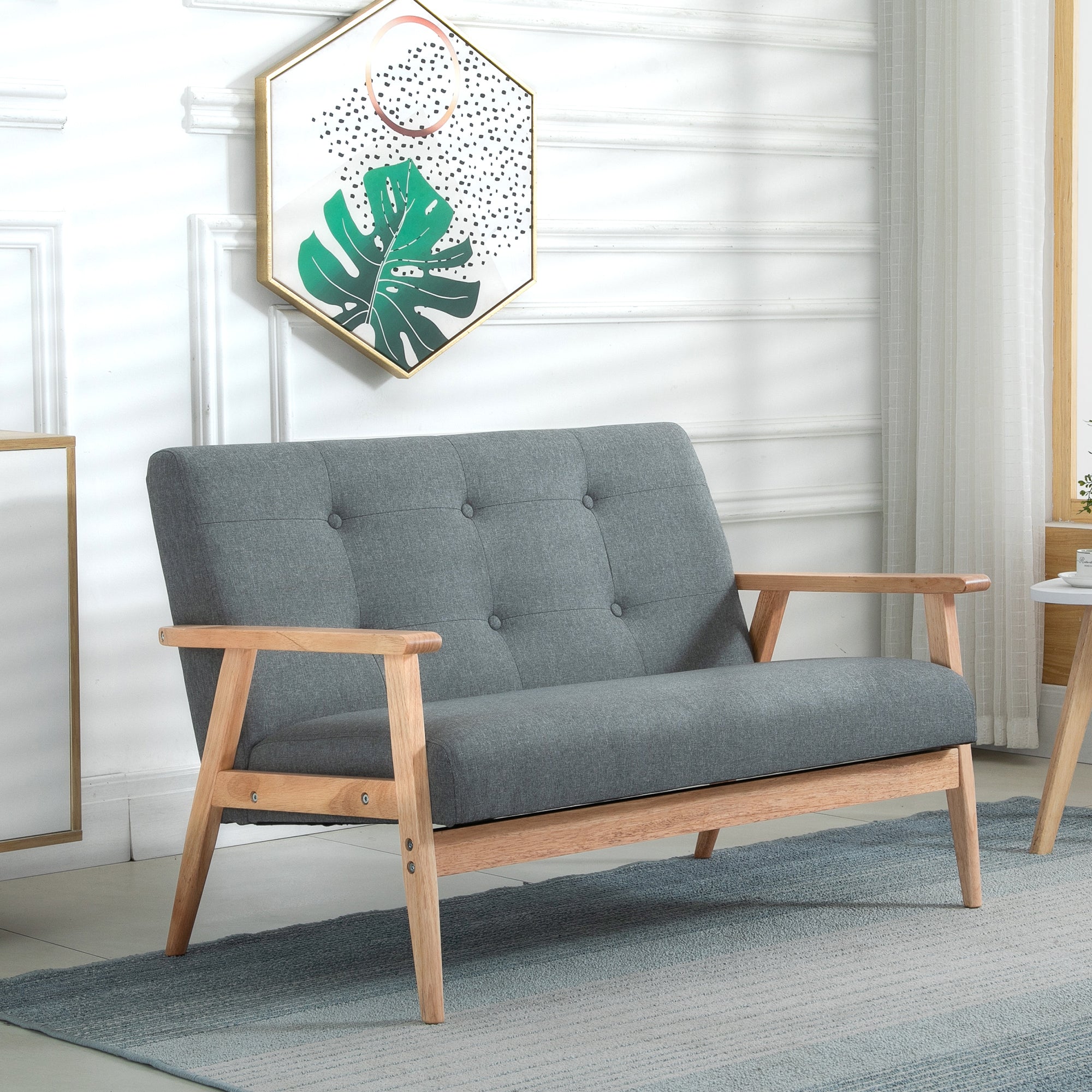 Double Sofa Loveseat, 2-Seater, Compact Design, Linen & Rubberwood, Grey