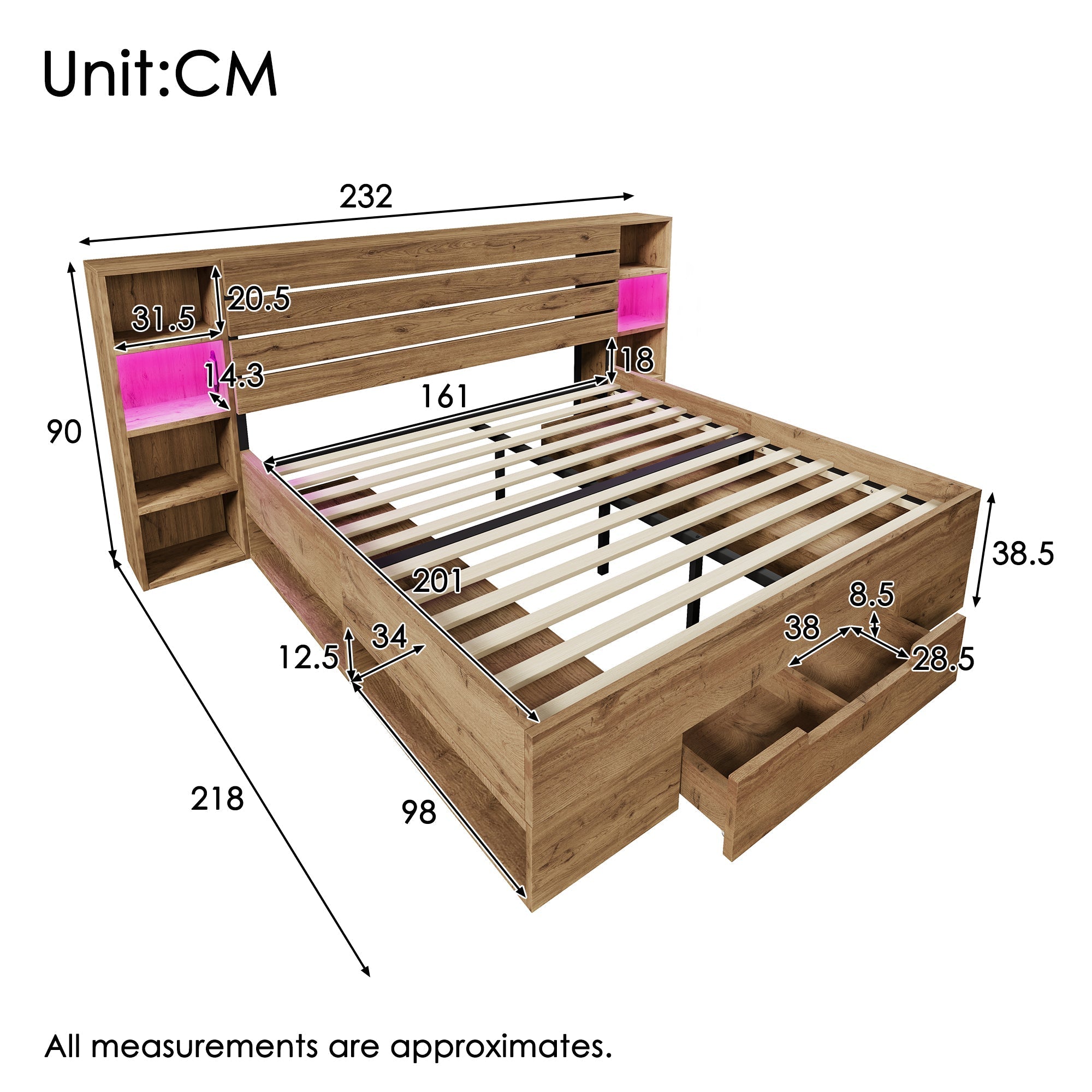 Double Bed 160x200 Storage LED/USB Headboard Drawers Solid Wood Oak