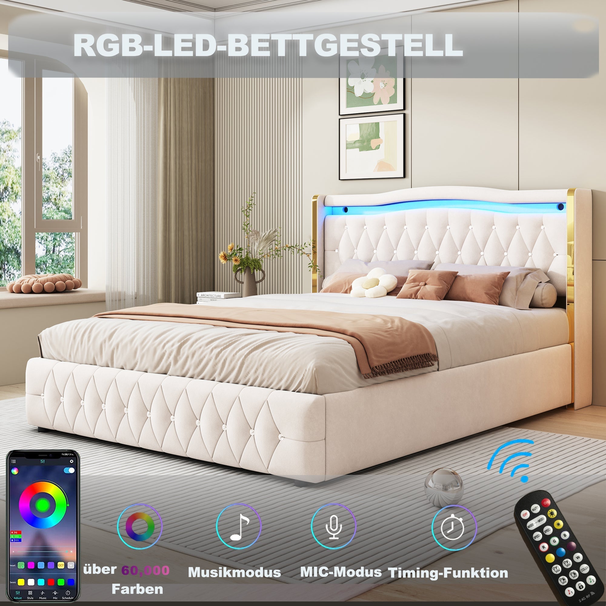 Upholstered Bed, 140x200cm, LED, Hydraulic Storage, Velvet Fabric, Beige