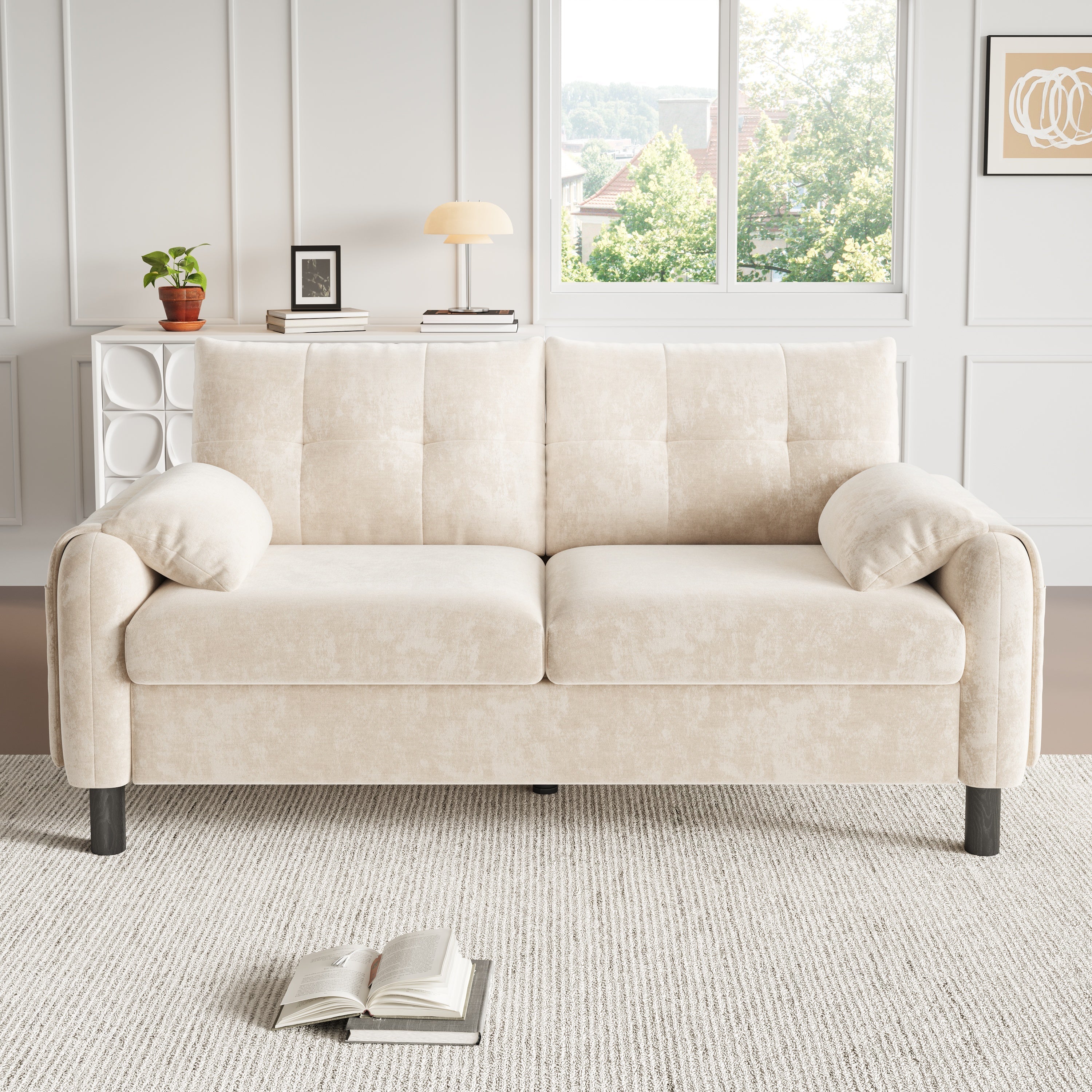2-Seater Sofa, Comfortable Chenille Upholstered, Beige