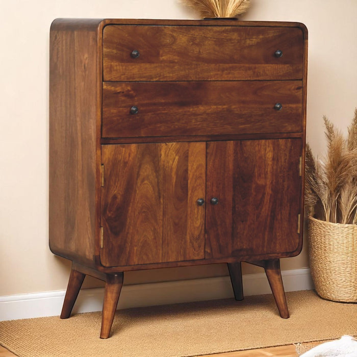 Solid Wood Curved Nordic Charm Cabinet, 2 Drawers, 2 Doors, Brown
