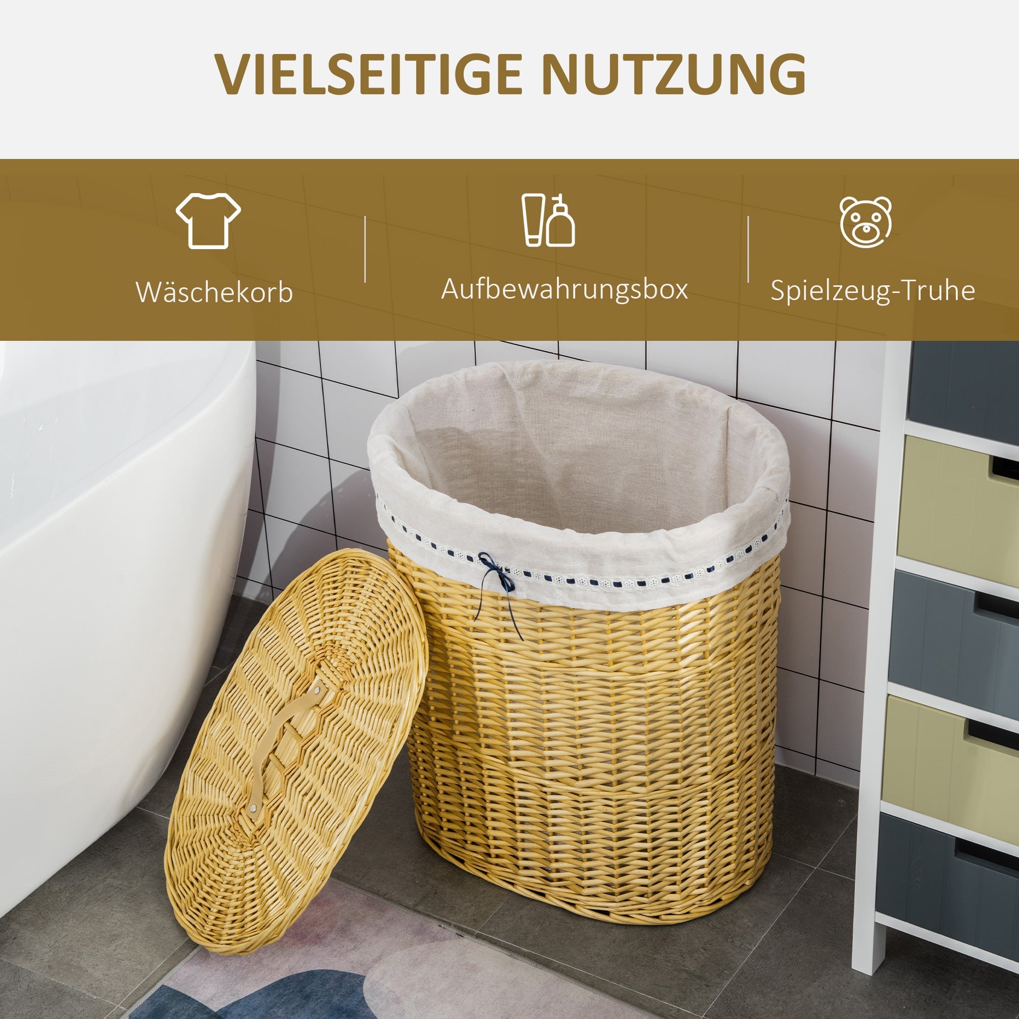 Laundry Basket 100L, with Lid, Wicker, Natural