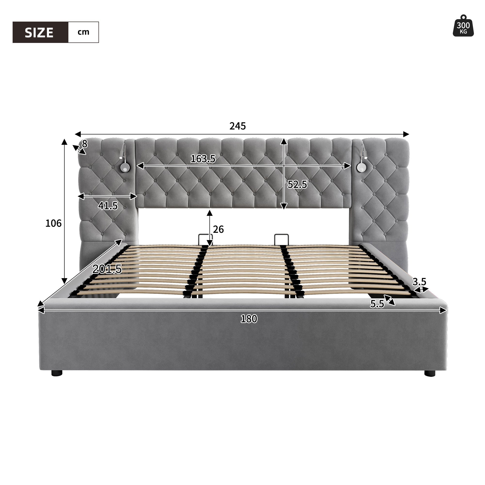 Upholstered Double Bed 180x200cm Hydraulic Storage LED Wide Headboard - Velvet Grey