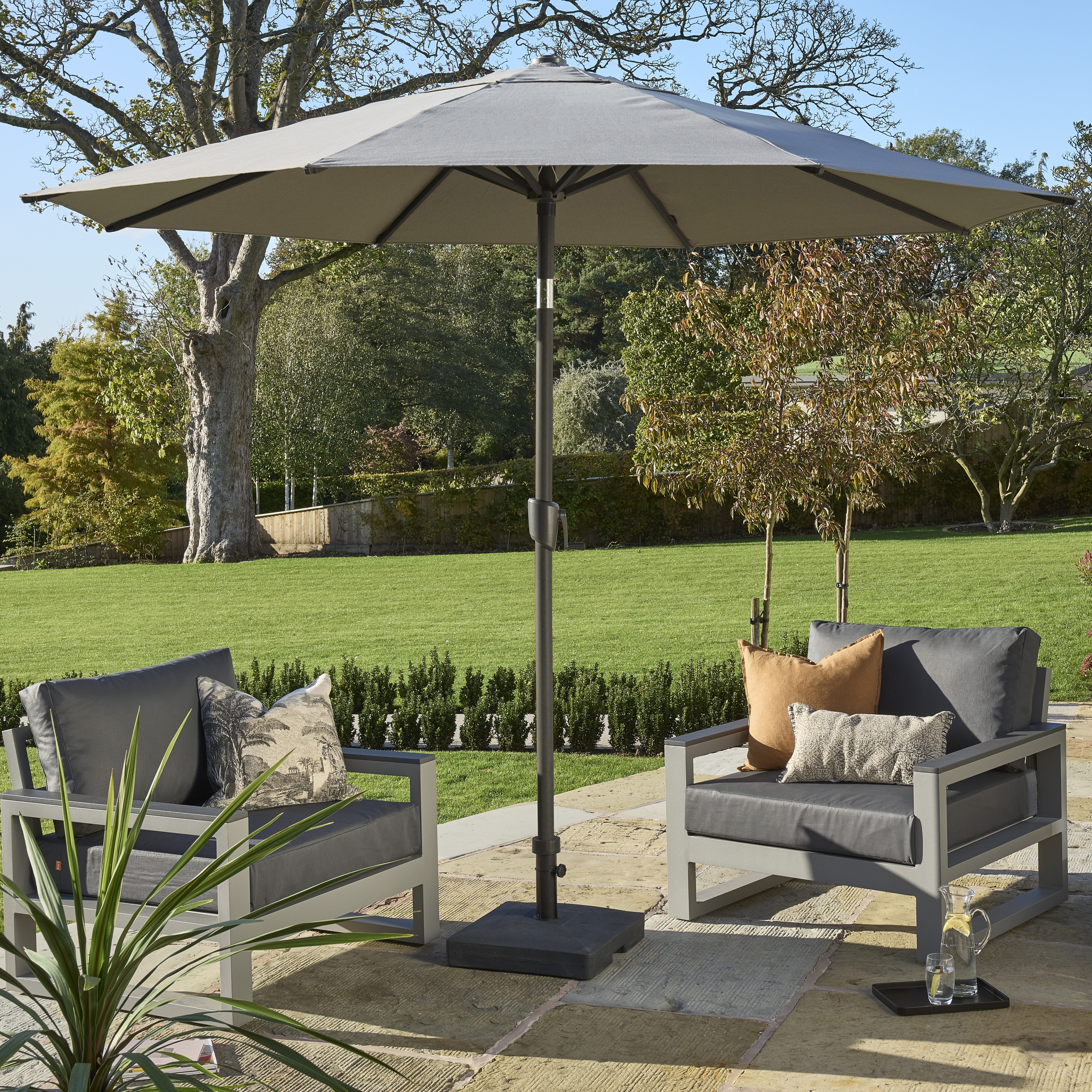 Royce - Premium 3m Round LED Parasol with Novasun™ Smoke Grey Canopy & Cover (Wood Look Frame)