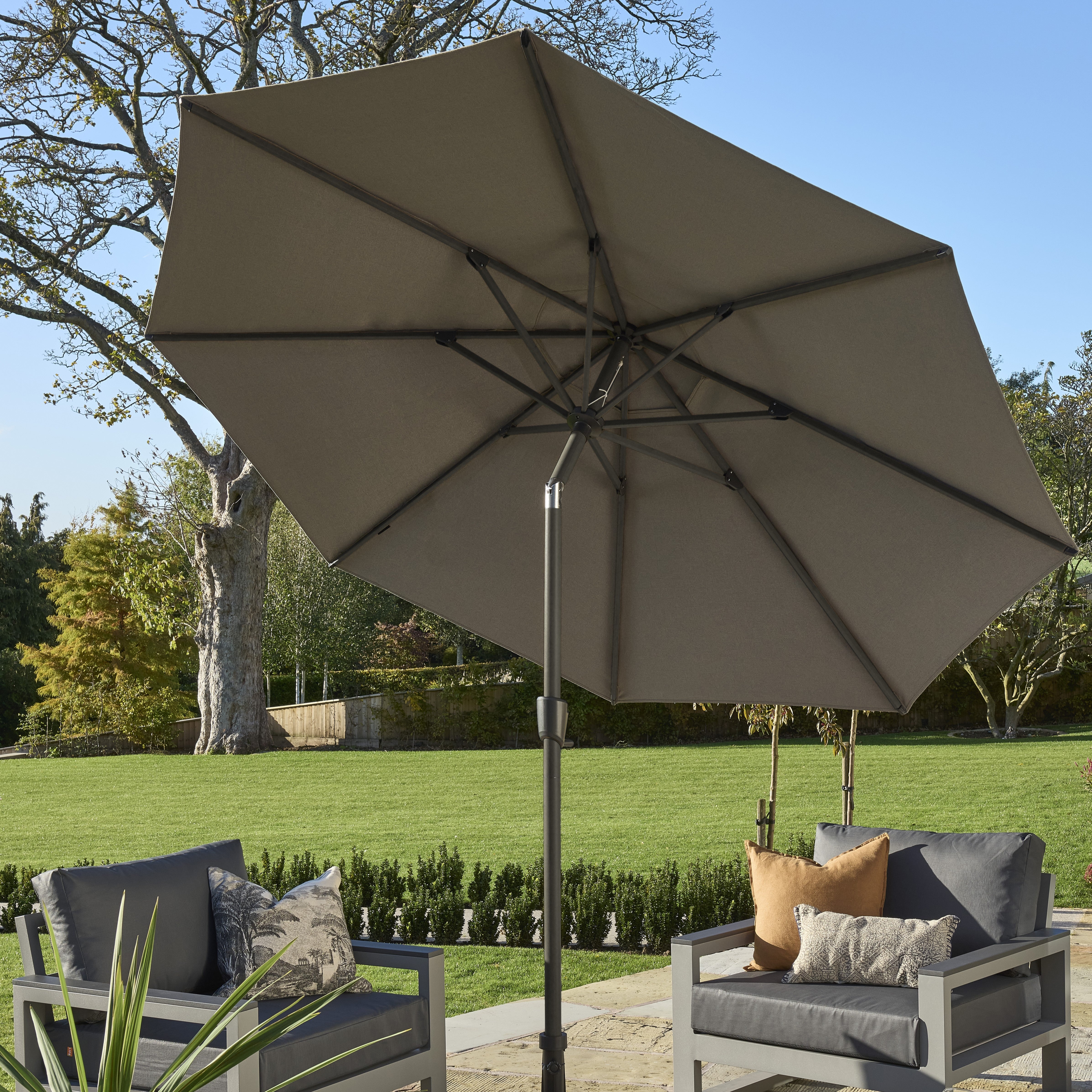 Royce - Premium 3m Round LED Parasol with Novasun™ Smoke Grey Canopy & Cover (Wood Look Frame)