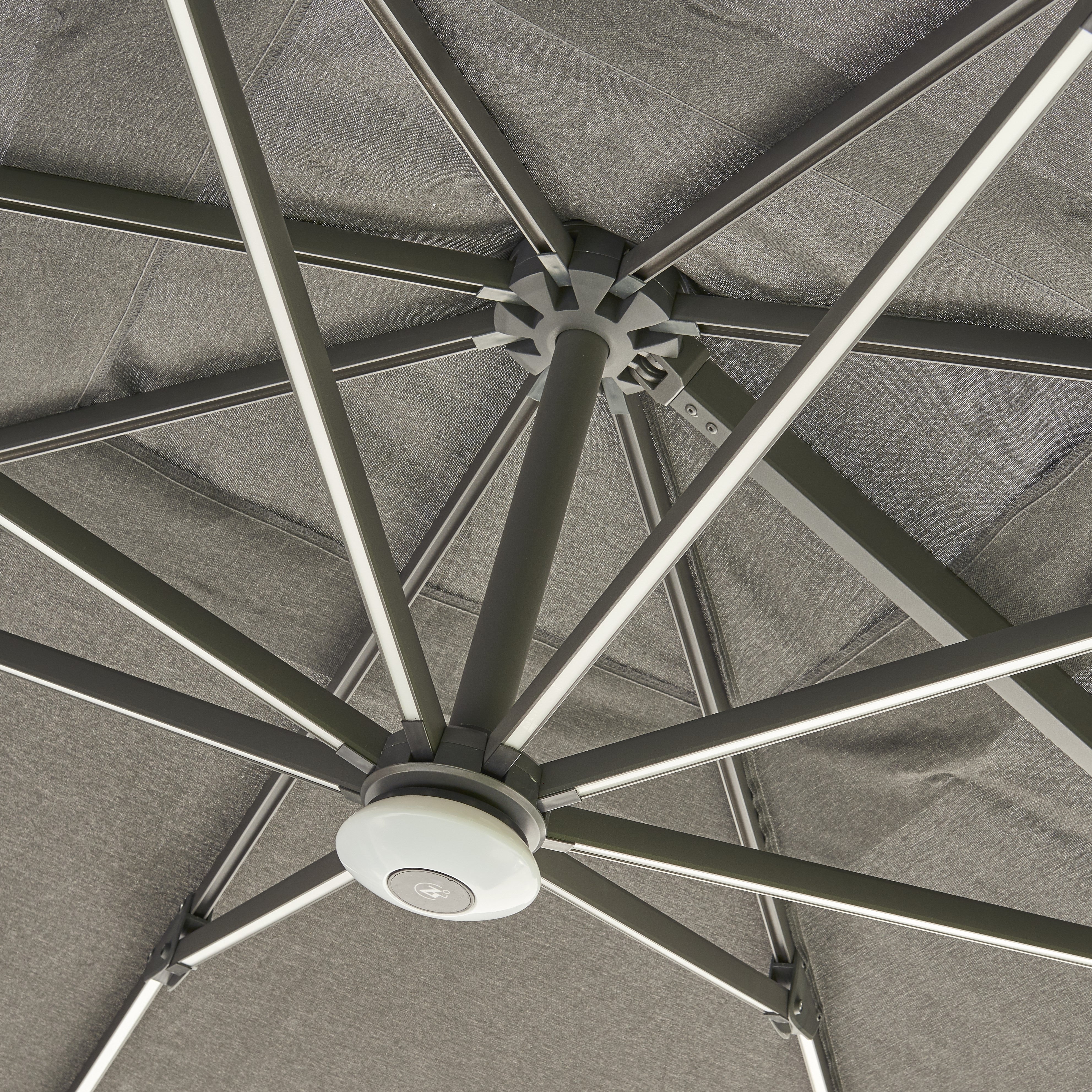 Royce - Premium 3m Round LED Parasol with Novasun™ Smoke Grey Canopy & Cover (Wood Look Frame)