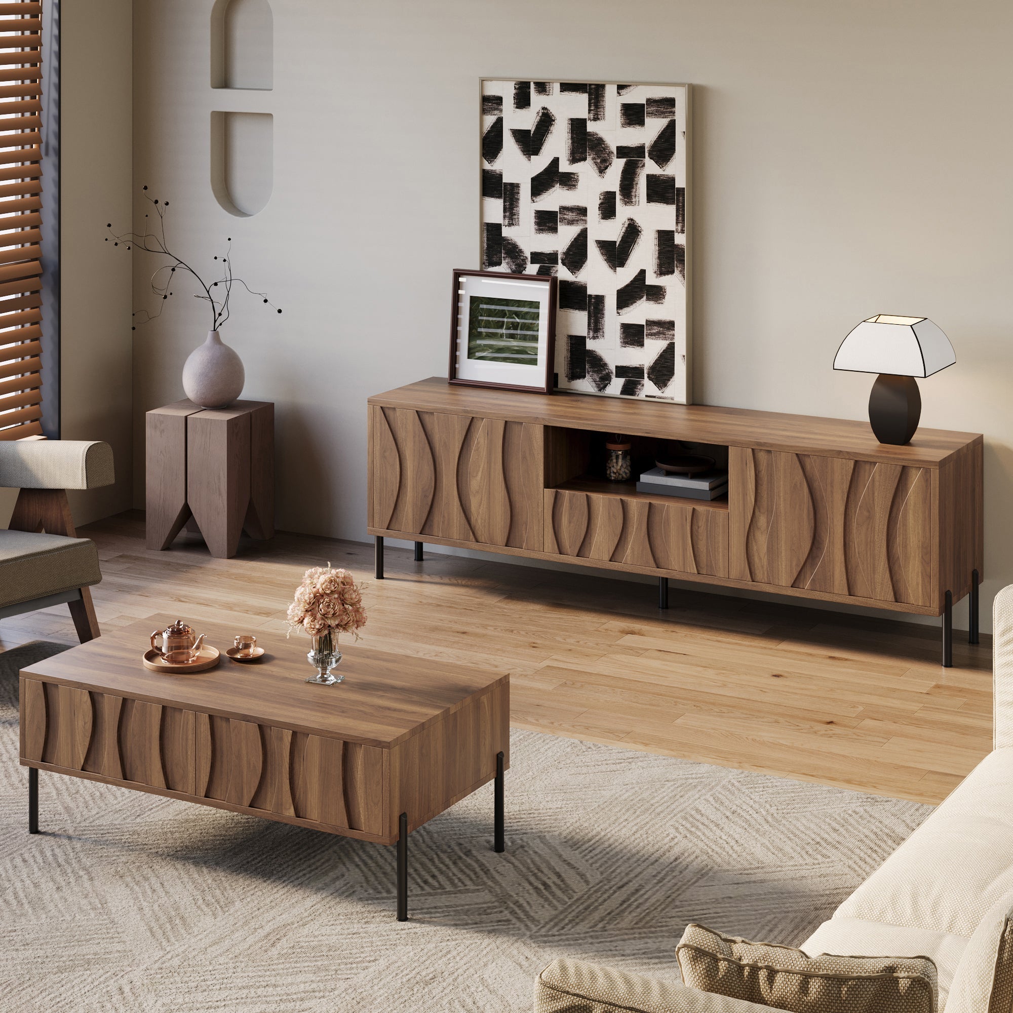Coffee Table and TV Stand Combination, Wave Pattern Storage Set, Solid Wood