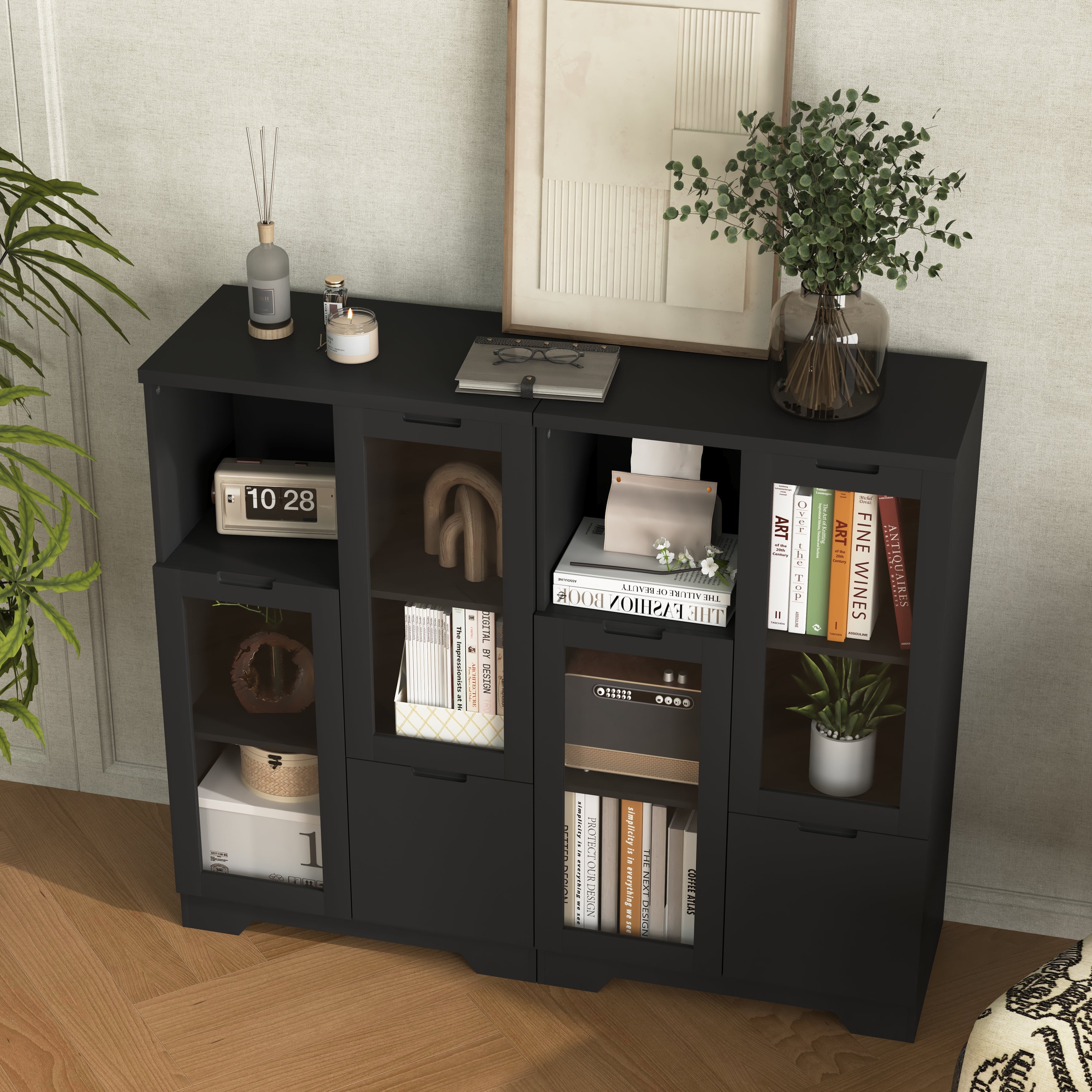 MDF Cabinet Glass Doors Drawer Open Storage - Black