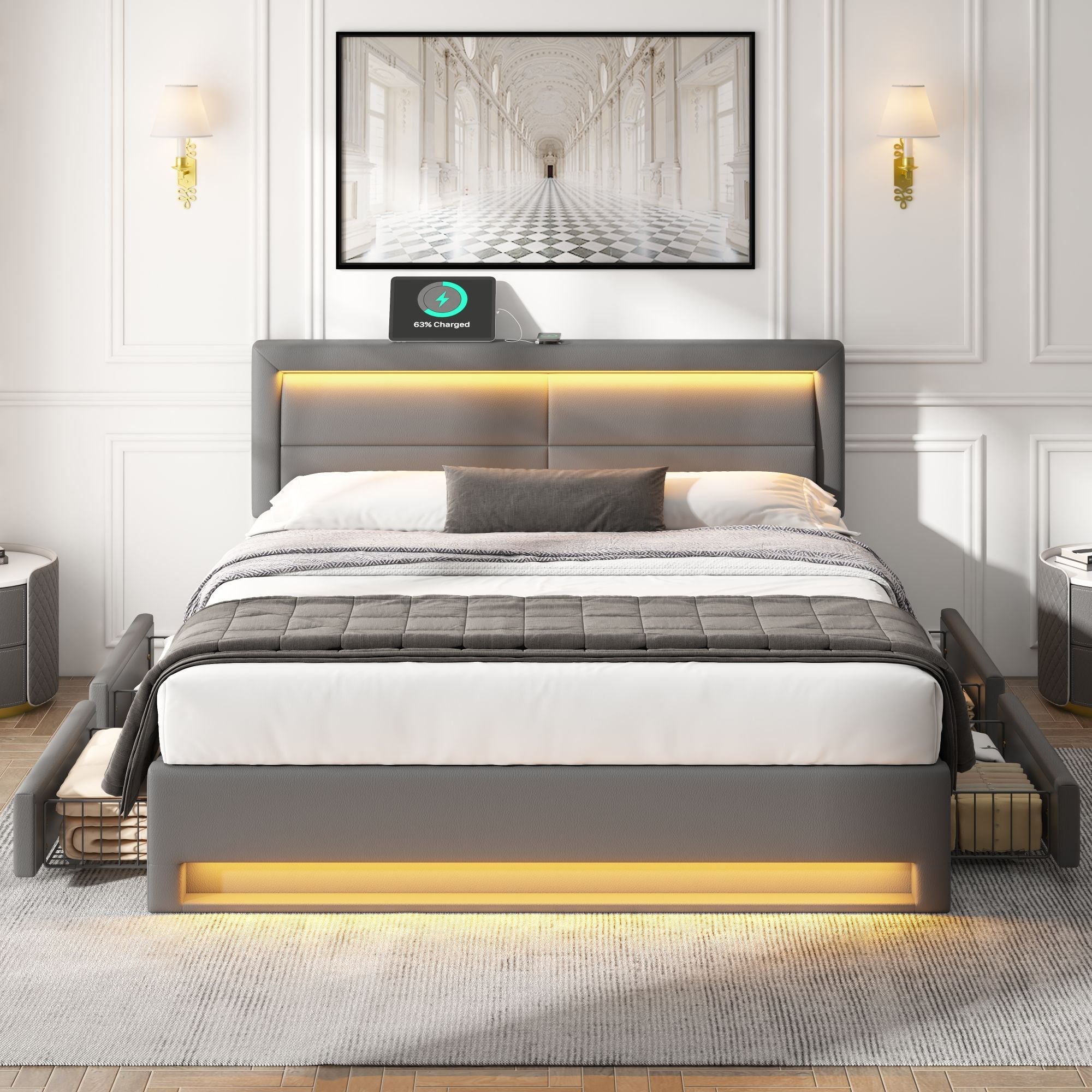Upholstered Bed 160x200cm USB LED 4 Drawers - Grey PU