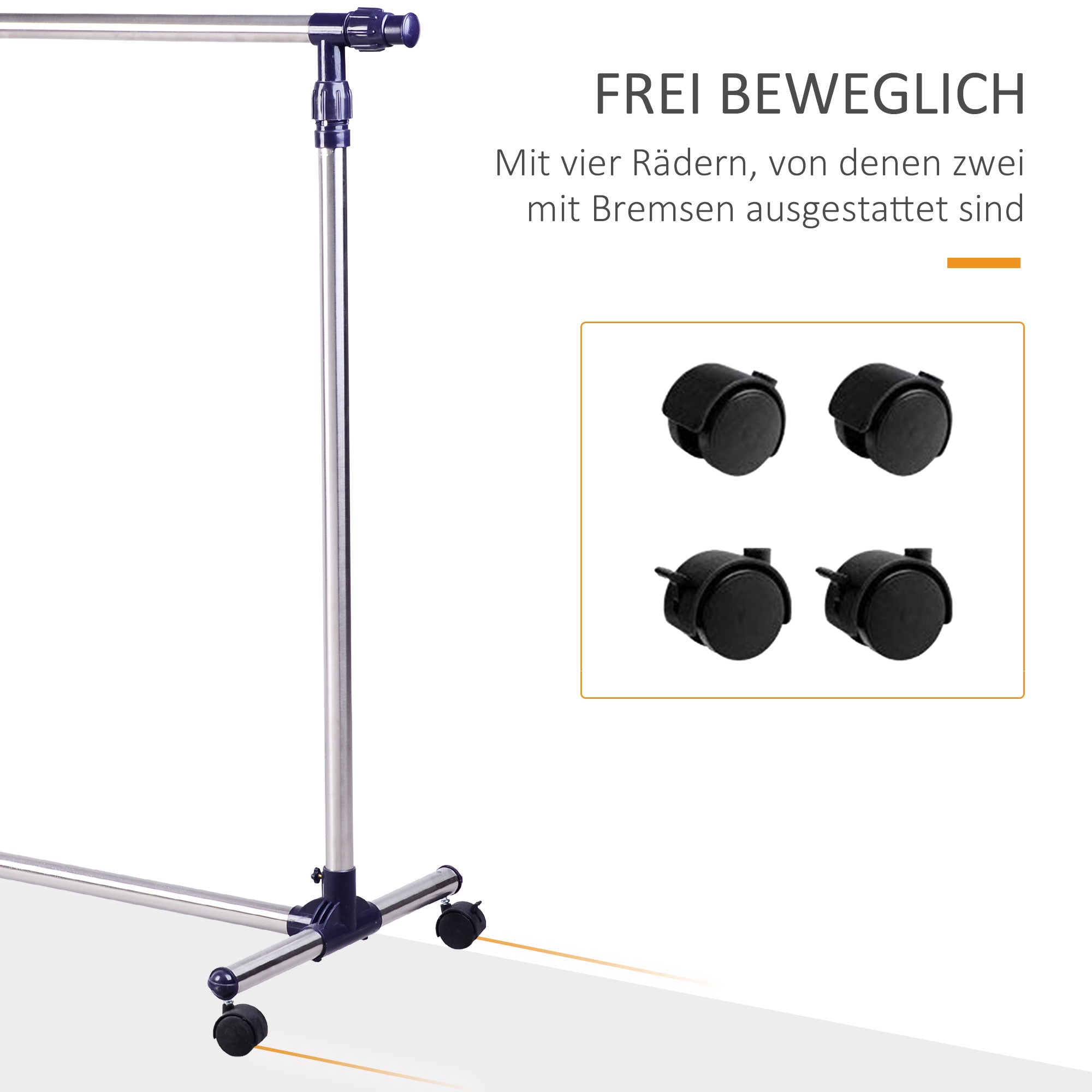 Garderobenständer auf Rollen, höhenverstellbar, ausziehbare Kleiderstange, Edelstahl