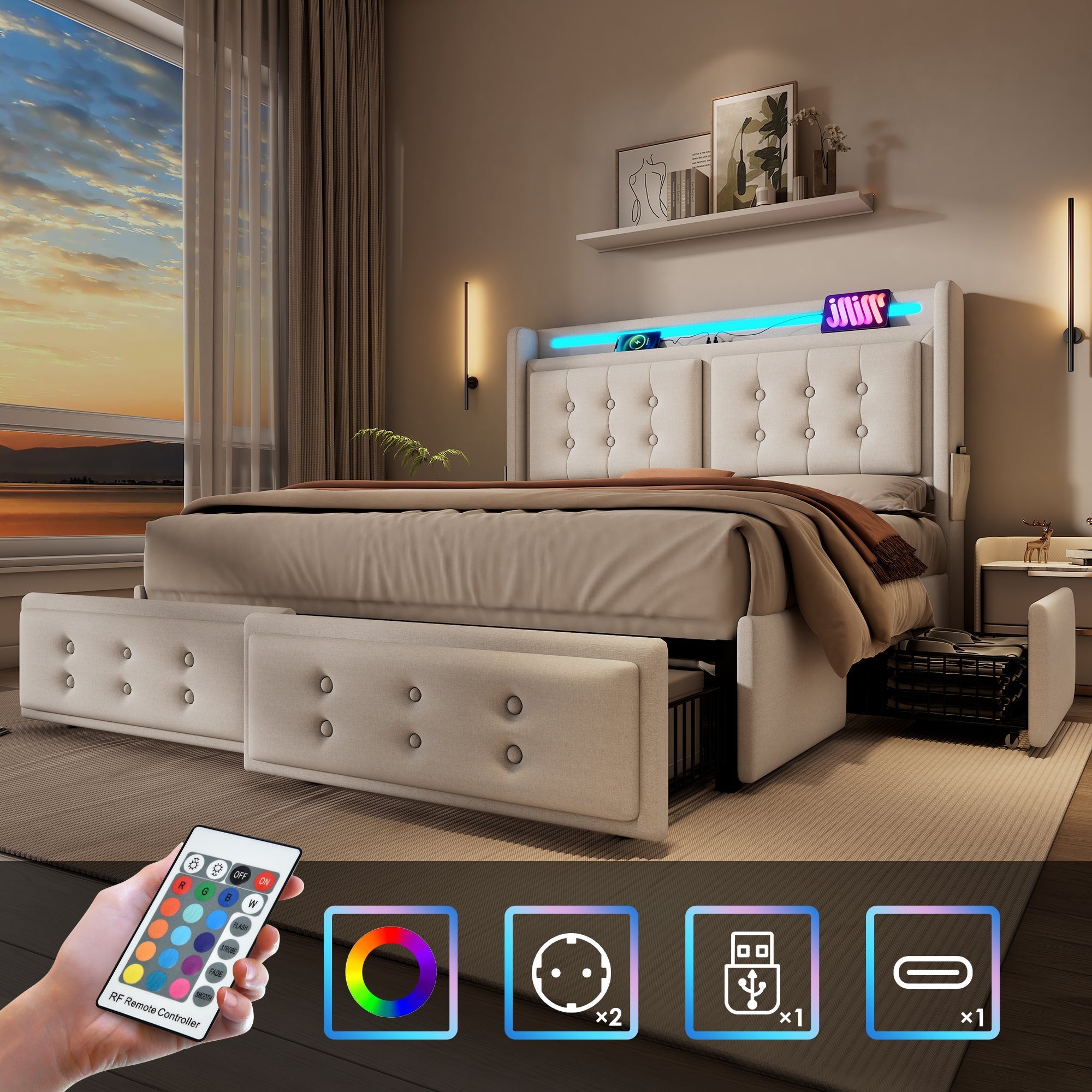 Upholstered Bed 160x200, Double with LED Headboard, USB-C Charging & 4 Drawers, Beige Cotton