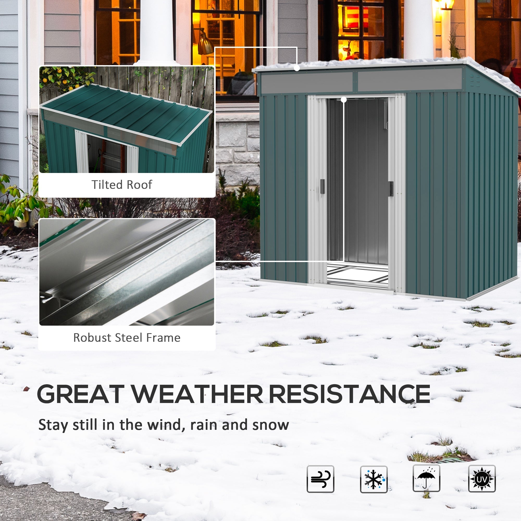 Galvanised Metal Shed, 6.5 x 4FT with Foundation Kit, Lockable Double Sliding Doors, Vents, Green
