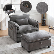 Oversized Armchair with Footrest Stool Side Pockets Cushions, Velvet
