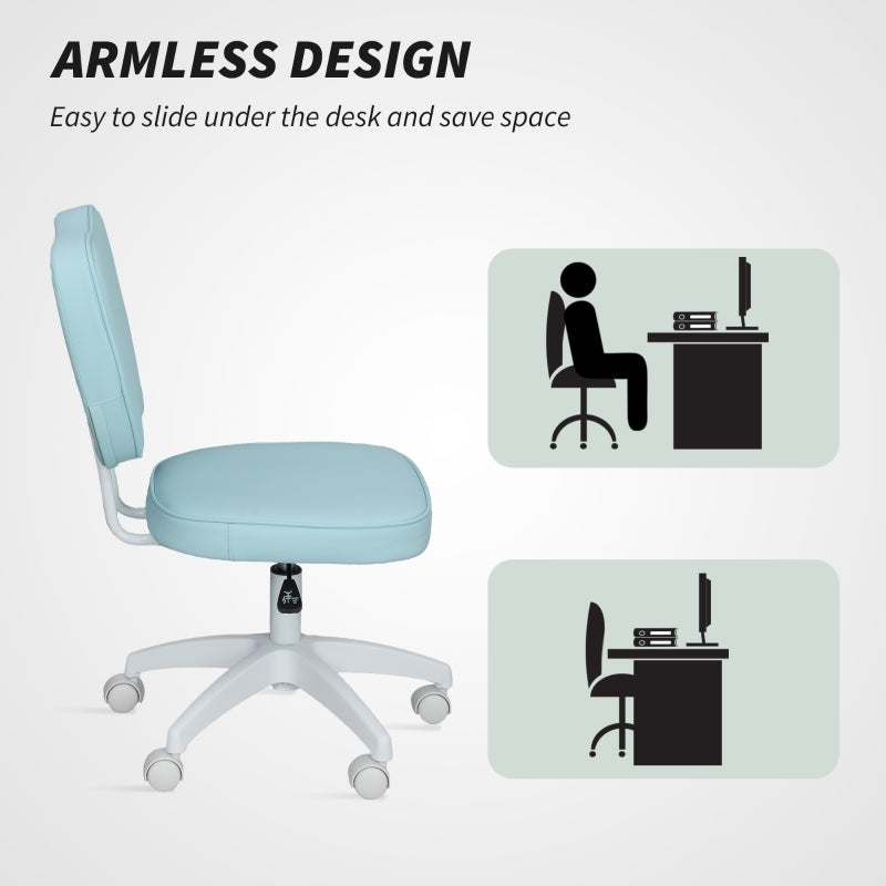 Vanity Office Chair, Adjustable Height Armless Swivel Computer Chair, PU Leather Blue