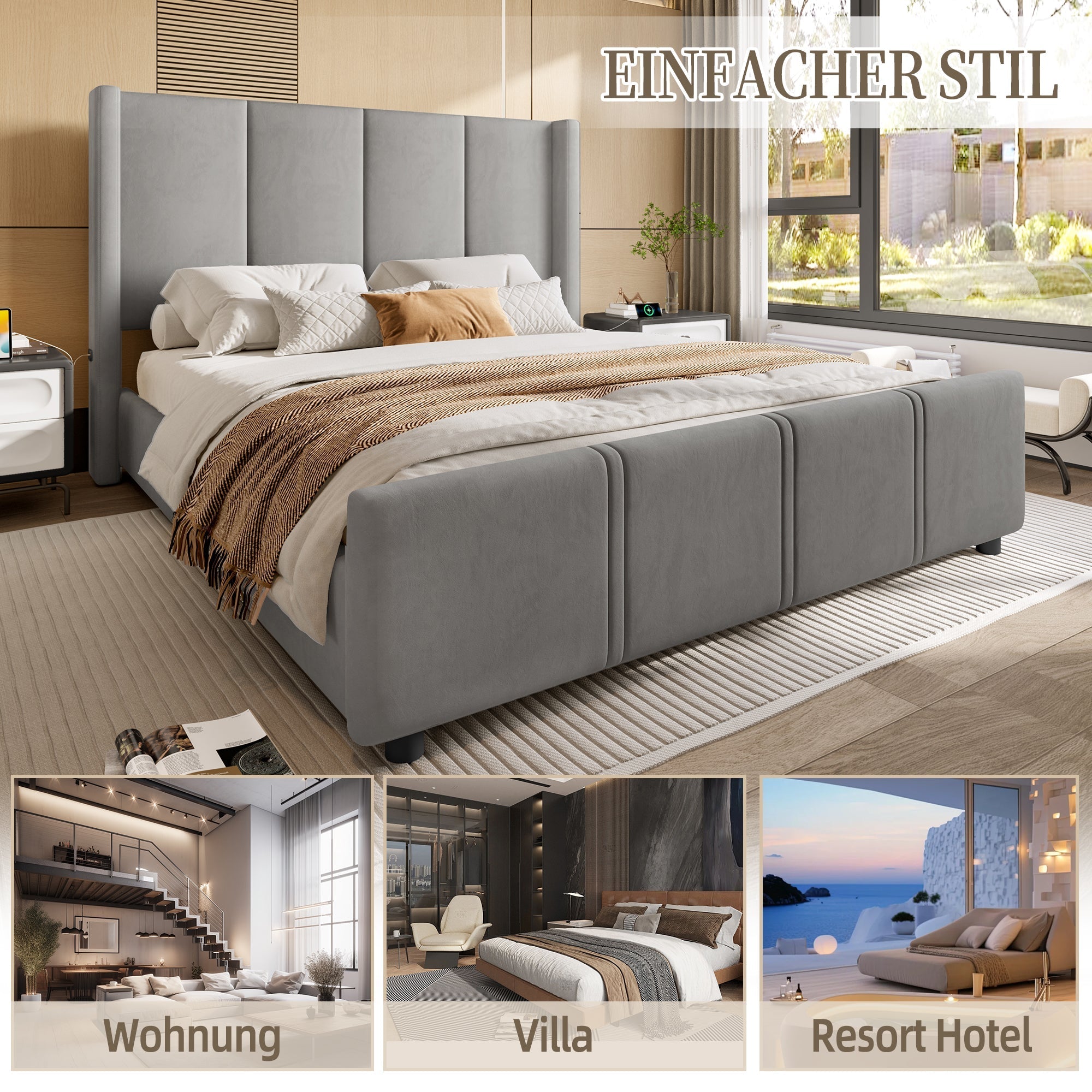 Upholstered Bed Frame, 160x200cm Modern with USB Port, Iron & Wood, Grey