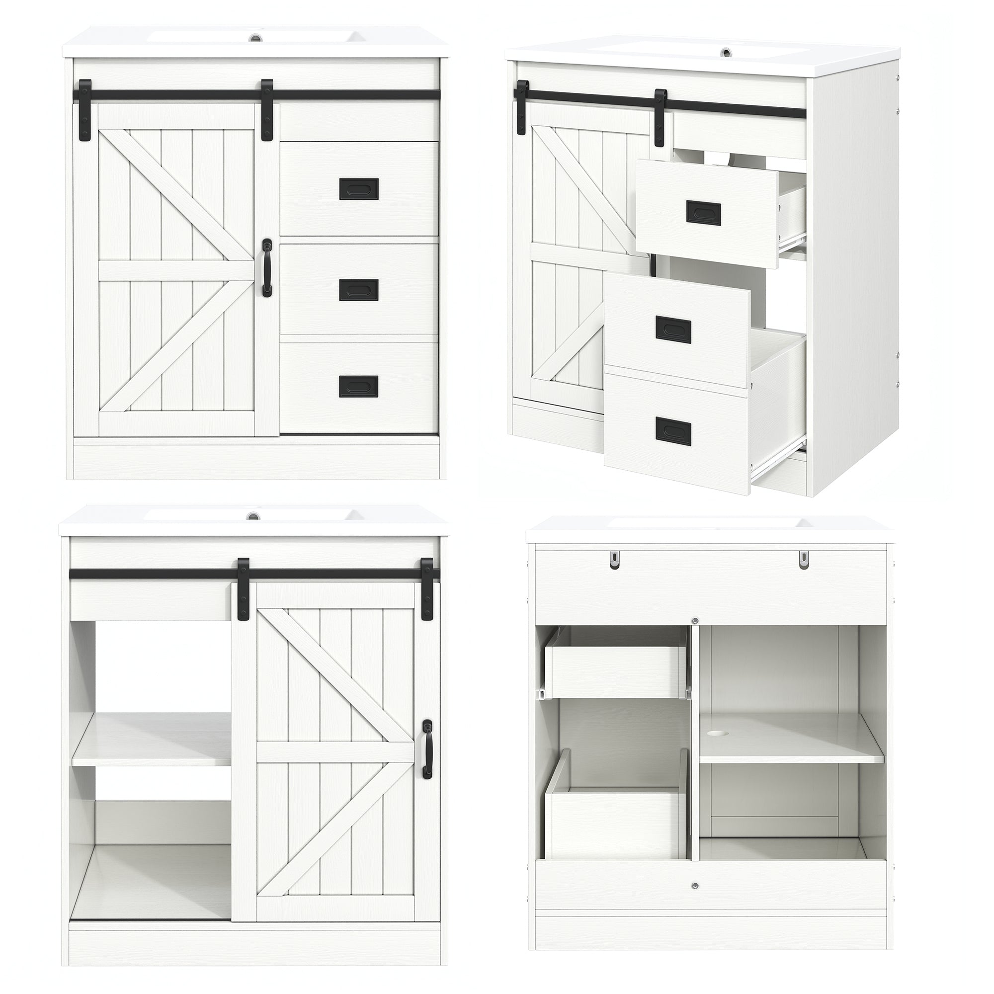 Bathroom Vanity Unit with Ceramic Sink and Barn Door Storage, White