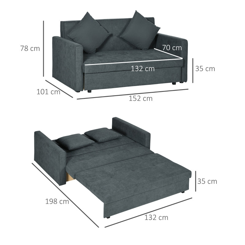 2 Seater Sofa Bed, Convertible Settee with Hidden Storage, Dark Grey Velvet