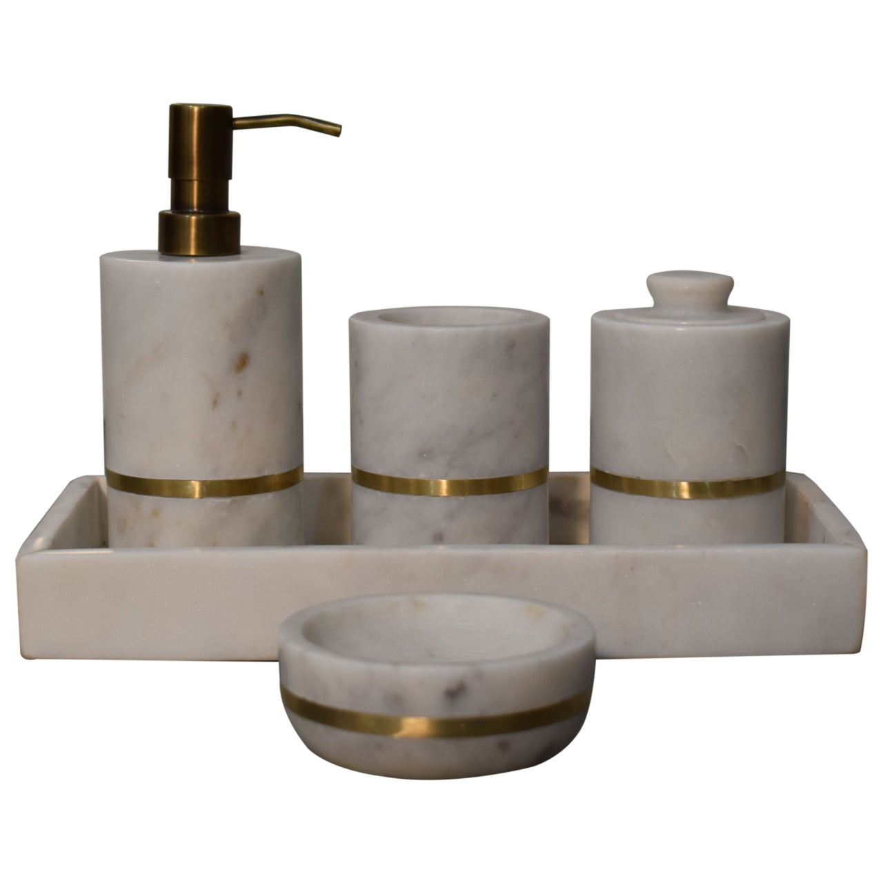 Bathroom Accessories Set of 5 Brass Inlay White Marble