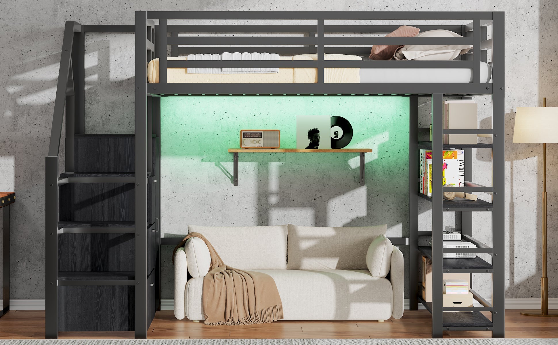 140x200 Metal Loft Bed with Wardrobe, Cabinets and LED Lighting, Black