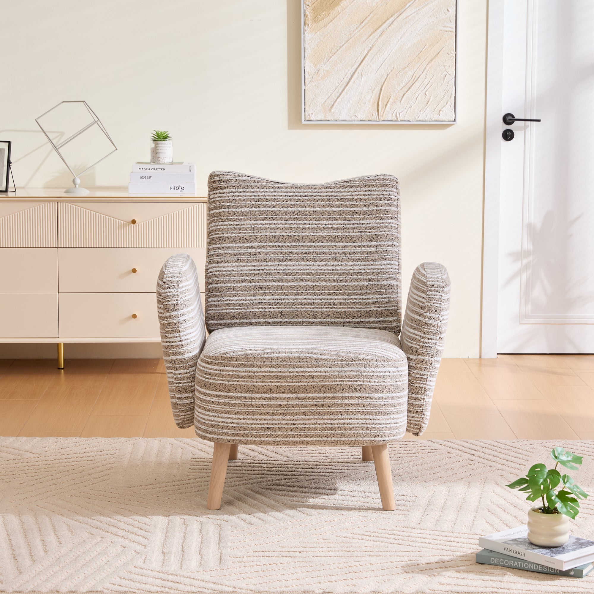 Modern Armchair with Side Pocket and Solid Wood Legs, Fabric with Circular Pattern