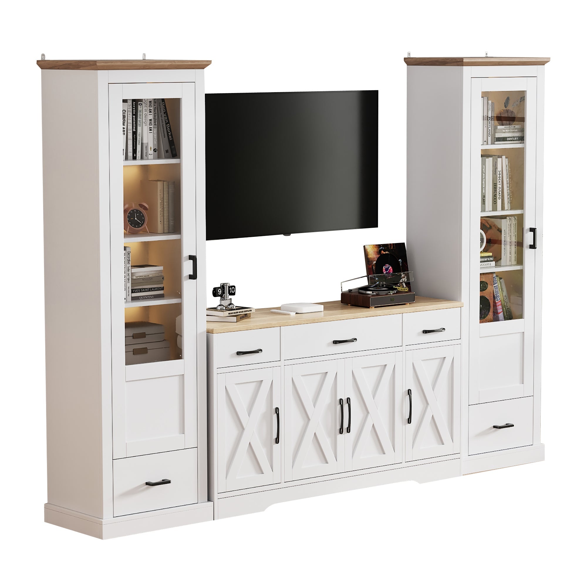 Living Room Set Combo, LED Display Cabinets and Multifunctional Sideboard, Matte White
