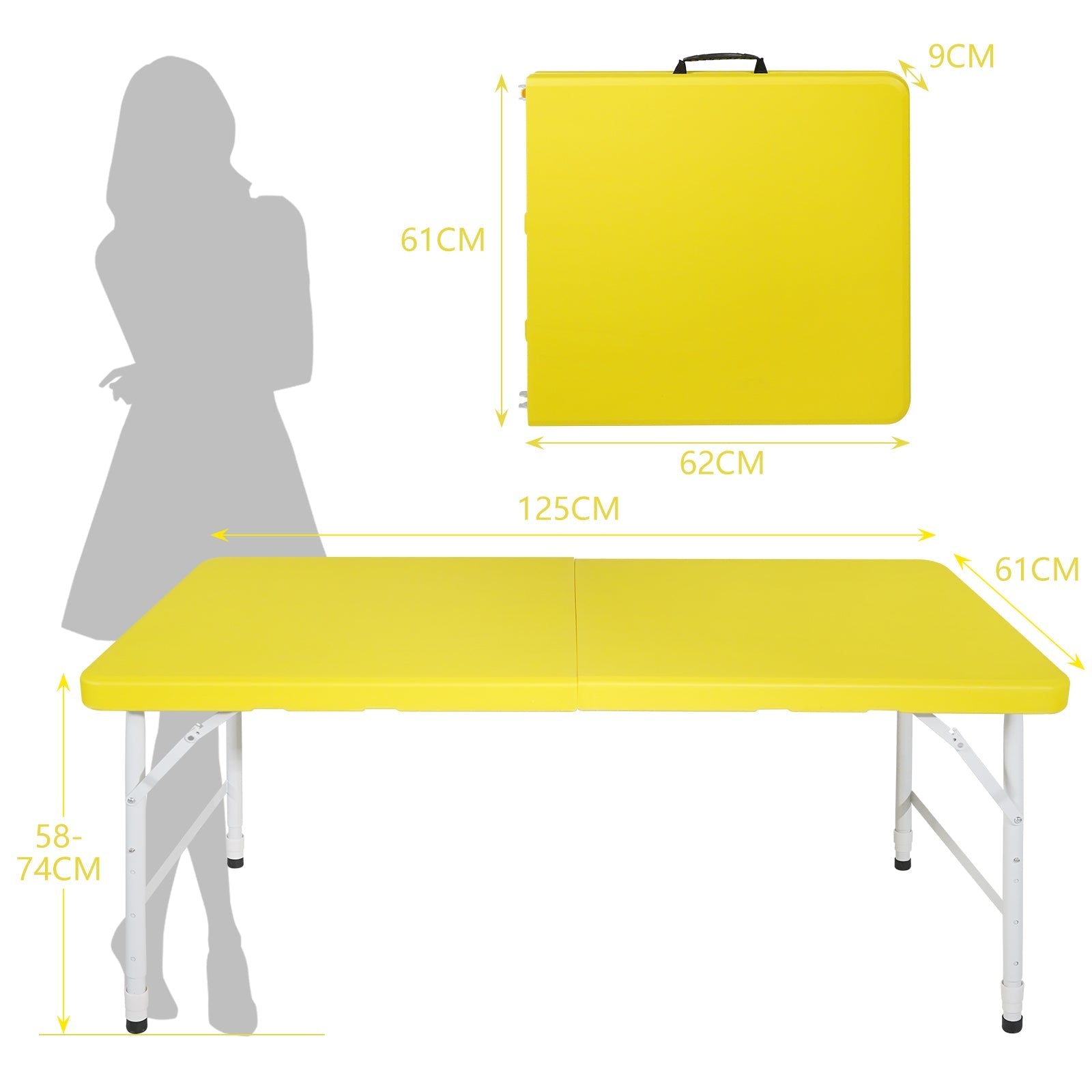 Portable Heavy Duty Folding Table with Handle, Adjustable Height Multi-Functional Table, Yellow