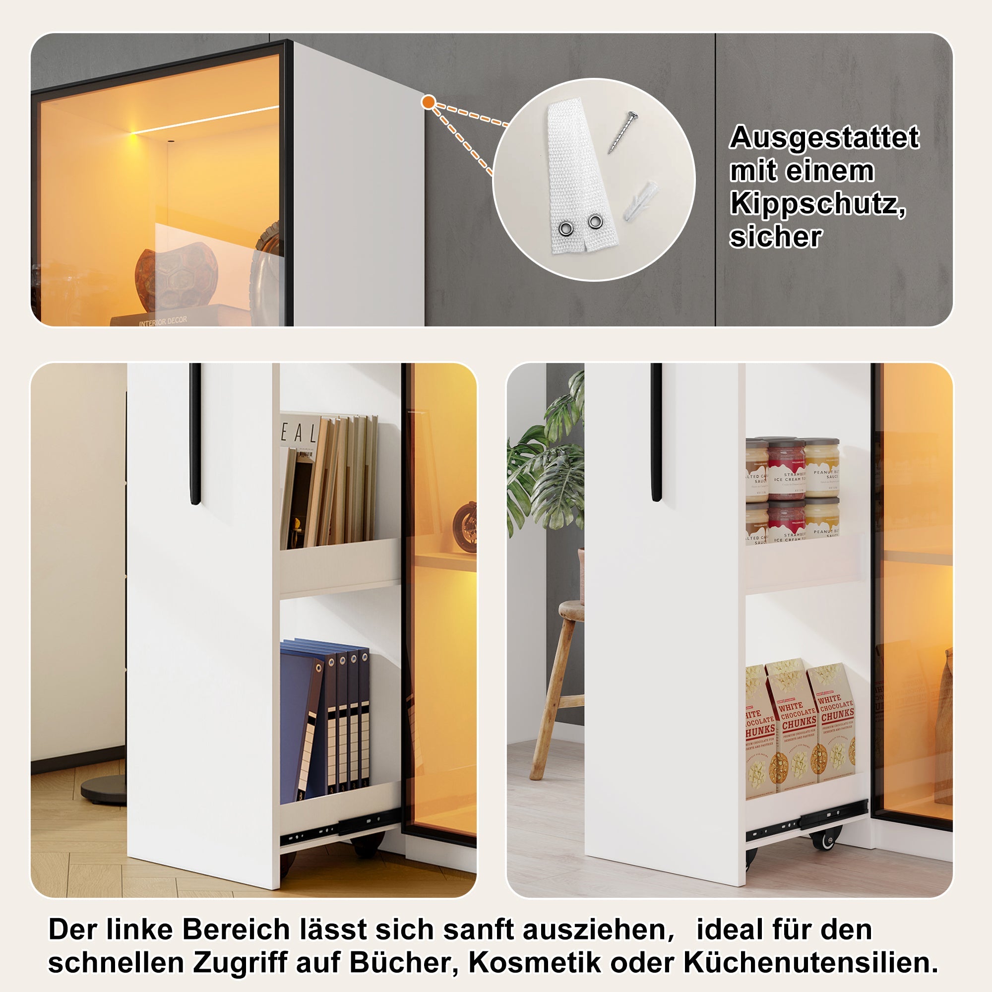 Multifunctional Cabinet 160cm Glass Doors LED Lighting, Aluminum Frame