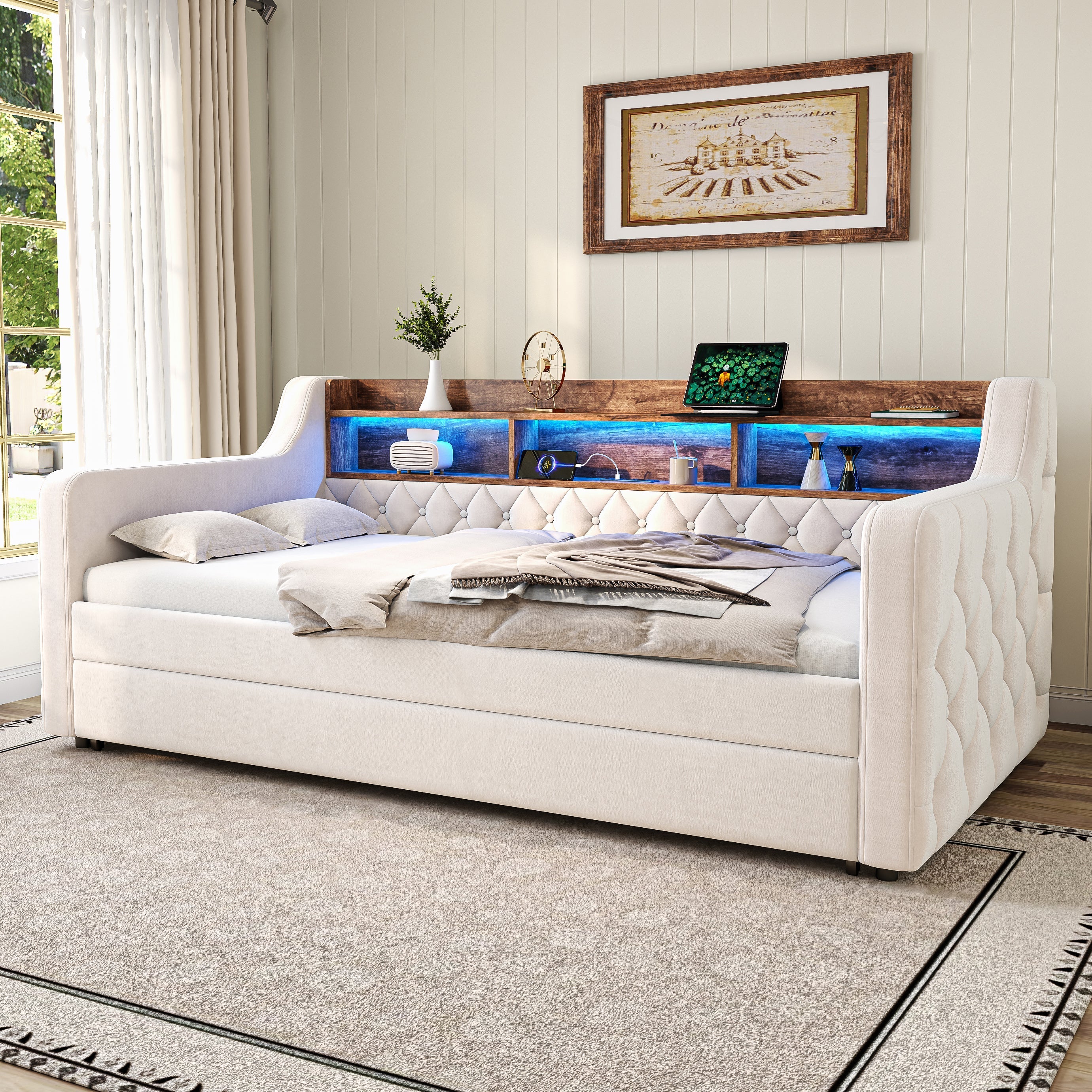 Space-saving Sofa Bed 90x190 cm with Storage, LED & USB-C Port, Velvet Beige