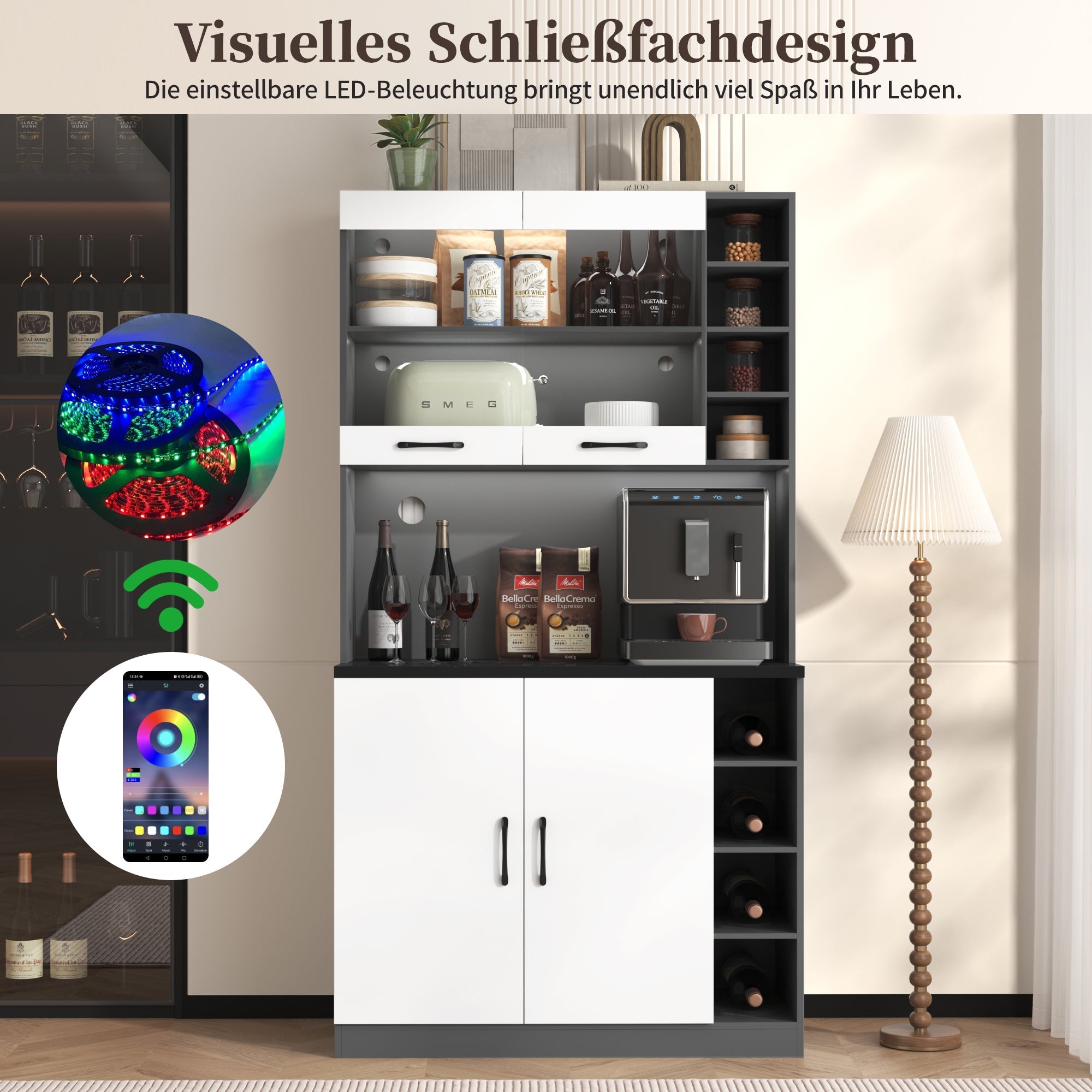 Kitchen Highboard Buffet 100x47x187cm LED Lighting Microwave Adjustable Shelves - Wooden
