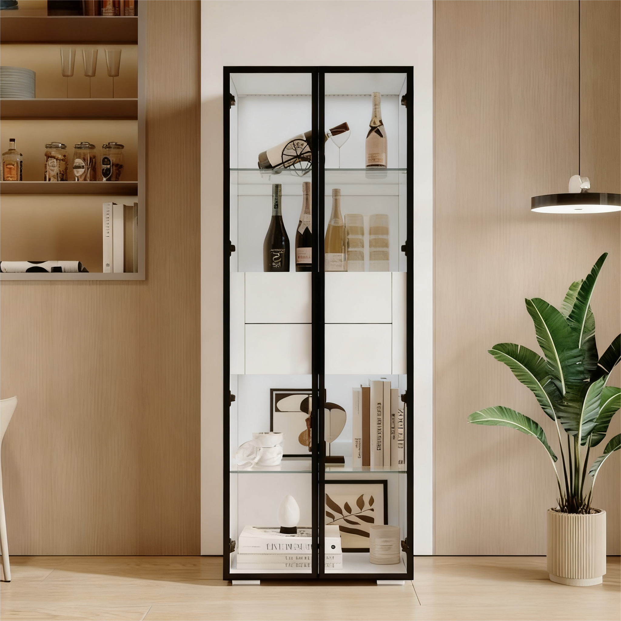 Display Cabinet, Tempered Glass Door, LED, 2 Drawers, White