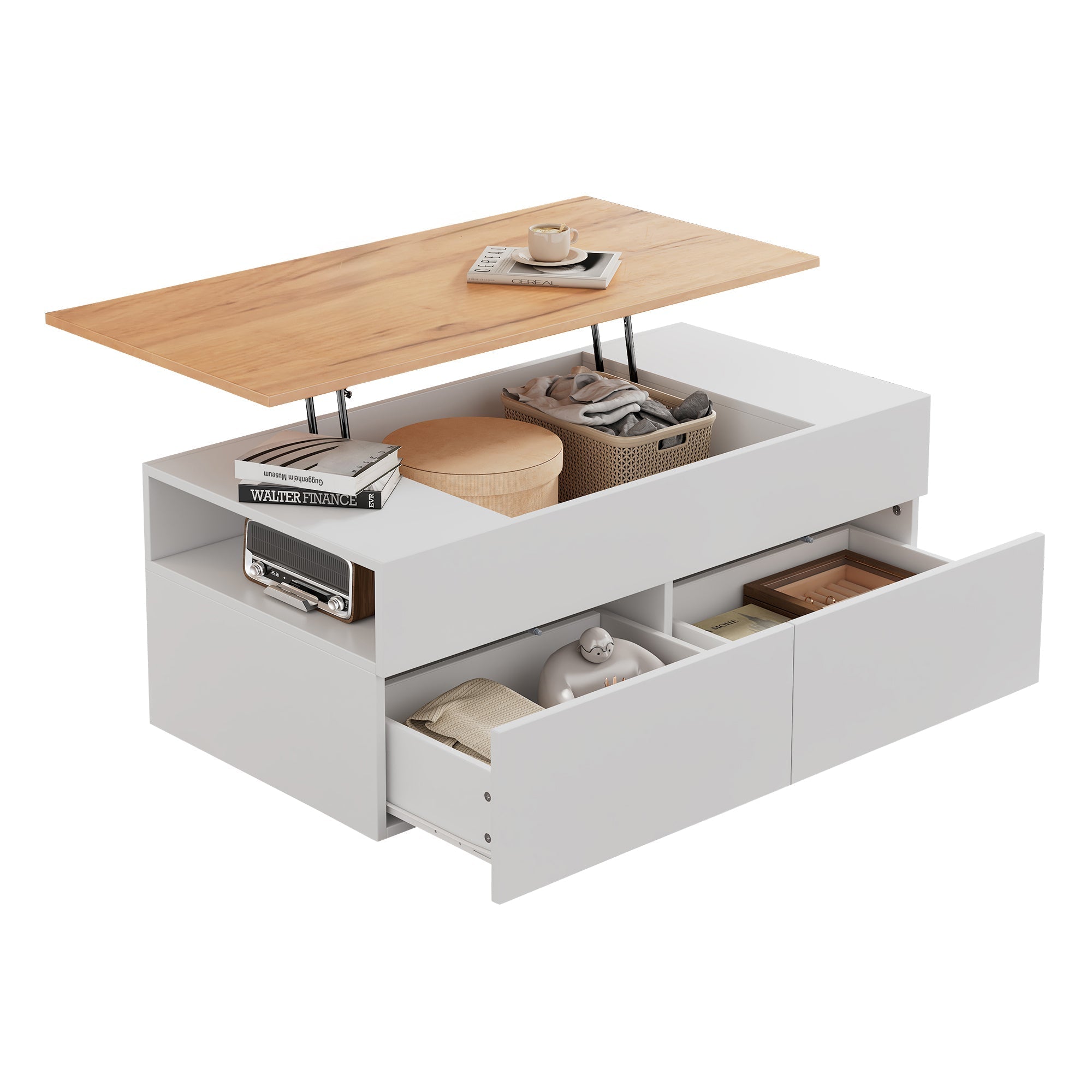Coffee table height-adjustable with hidden storage, 2 drawers, white + wood color