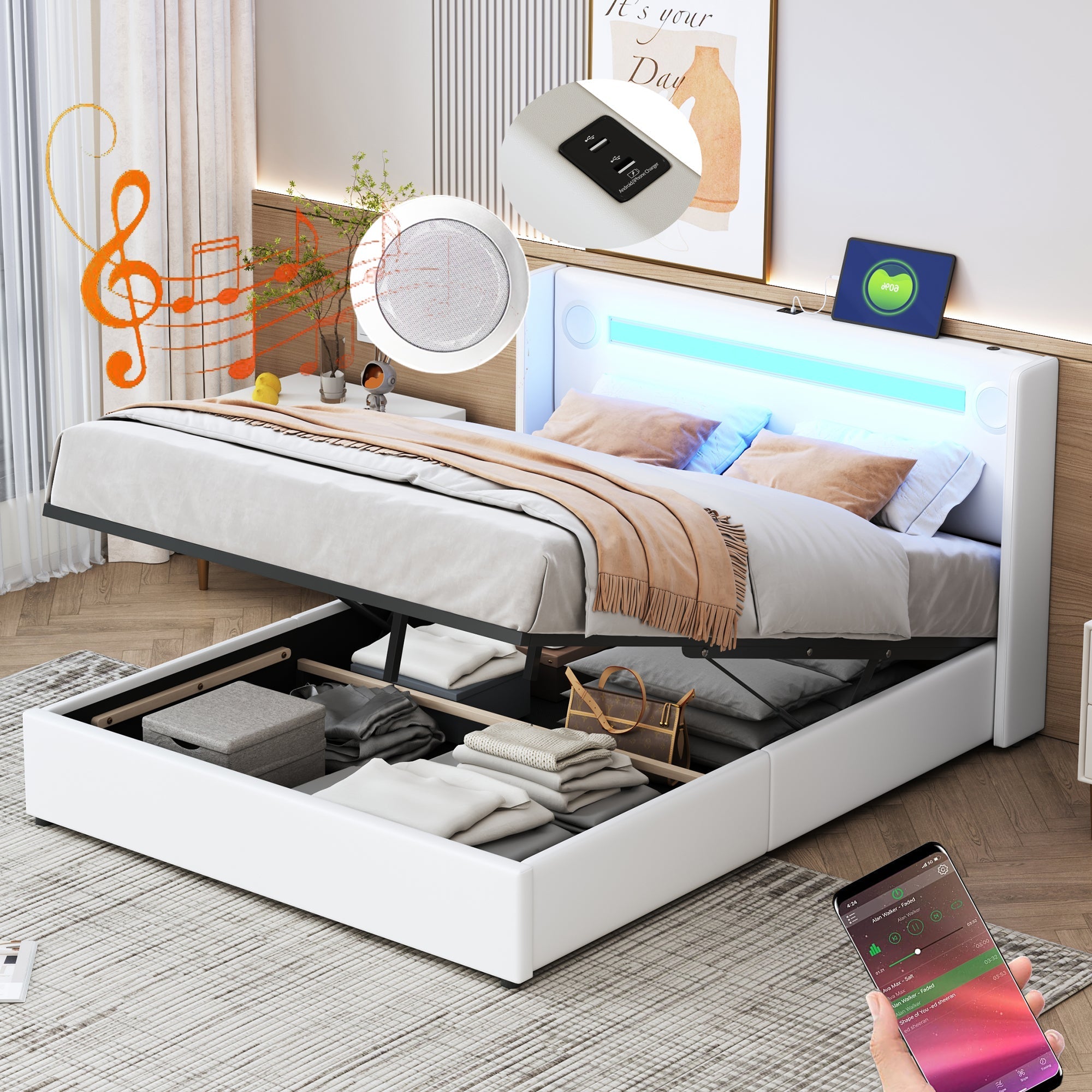 Upholstered Bed 140x200cm, LED & Bluetooth, Storage, White PU Leather