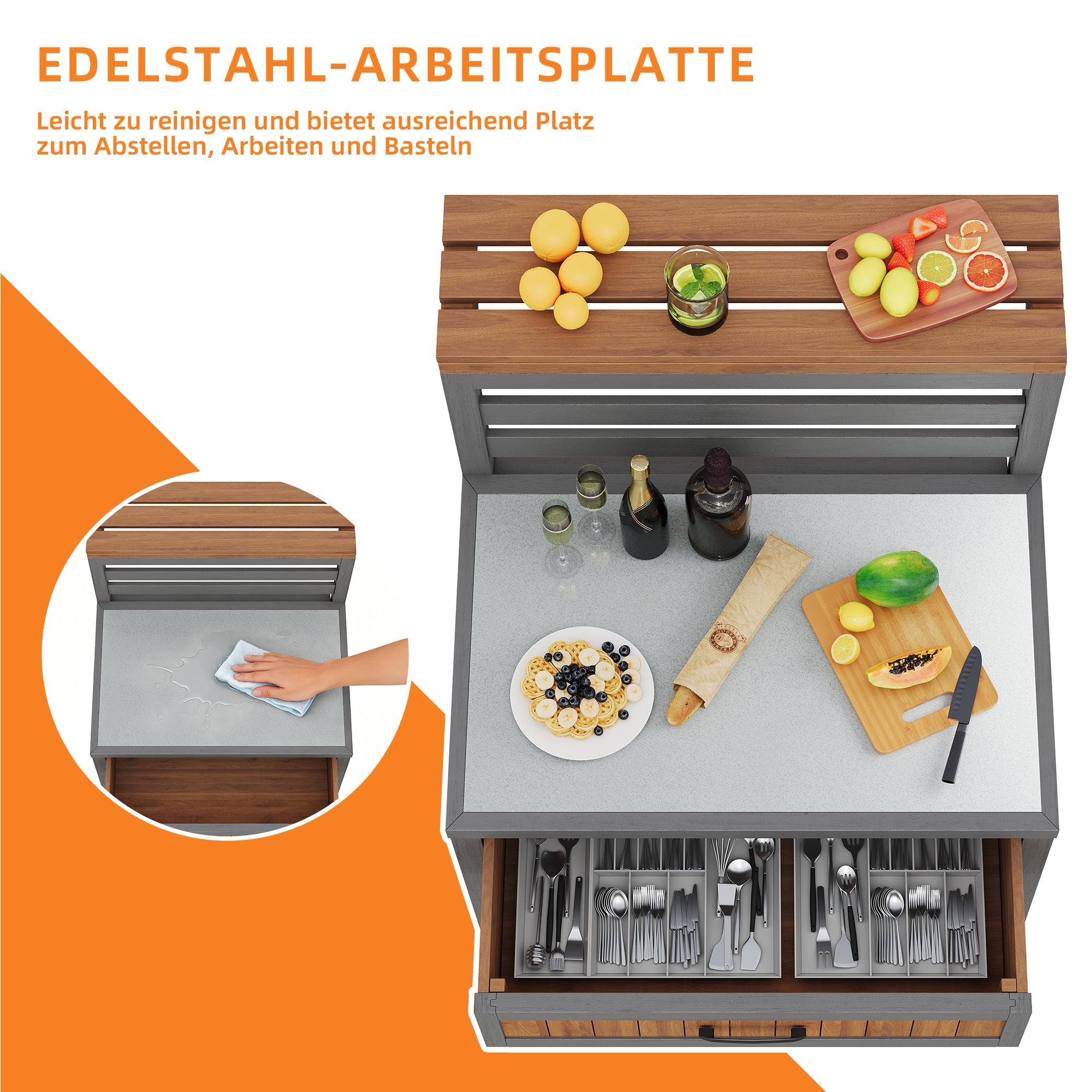 Outdoor Garden Cabinet with Stainless Steel Worktop and Large Drawer, Weatherproof Wood
