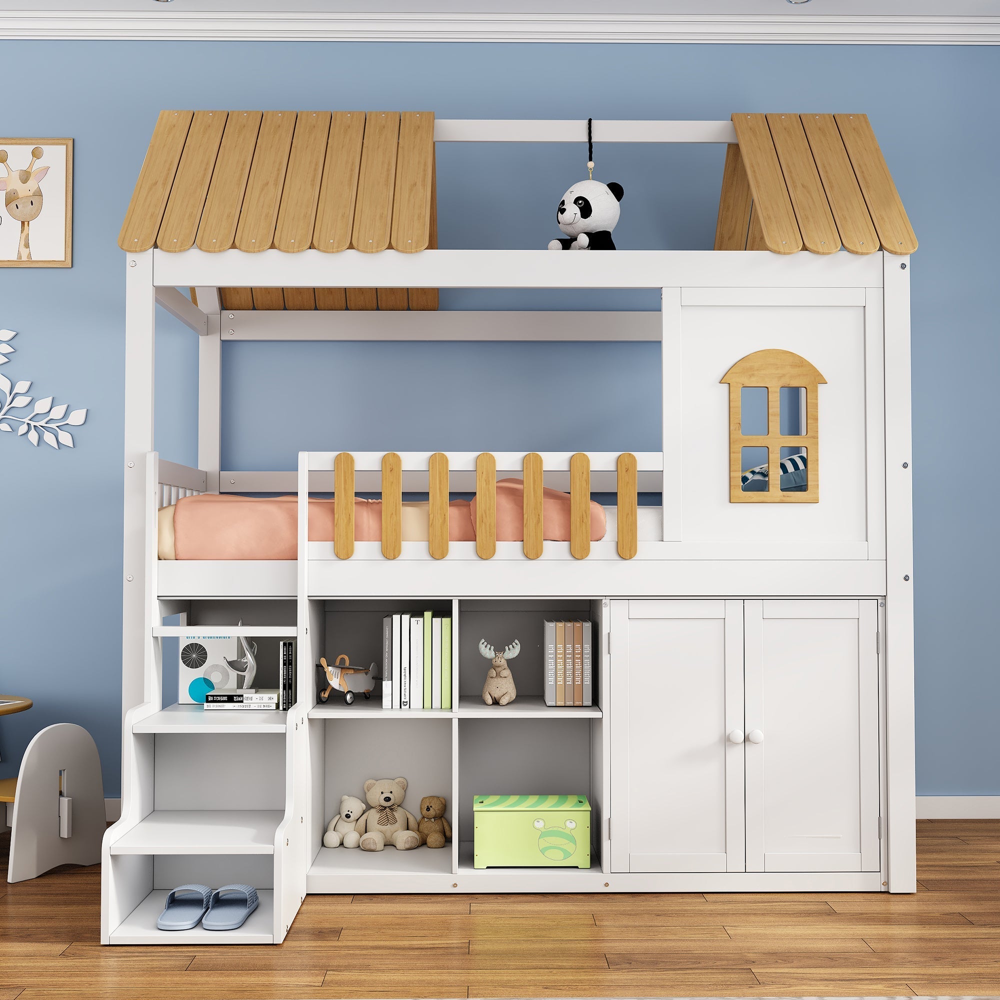 Bunk Bed, Storage, Wardrobe, Shoe Cabinet, Safe Steps, Pine, White & Natural